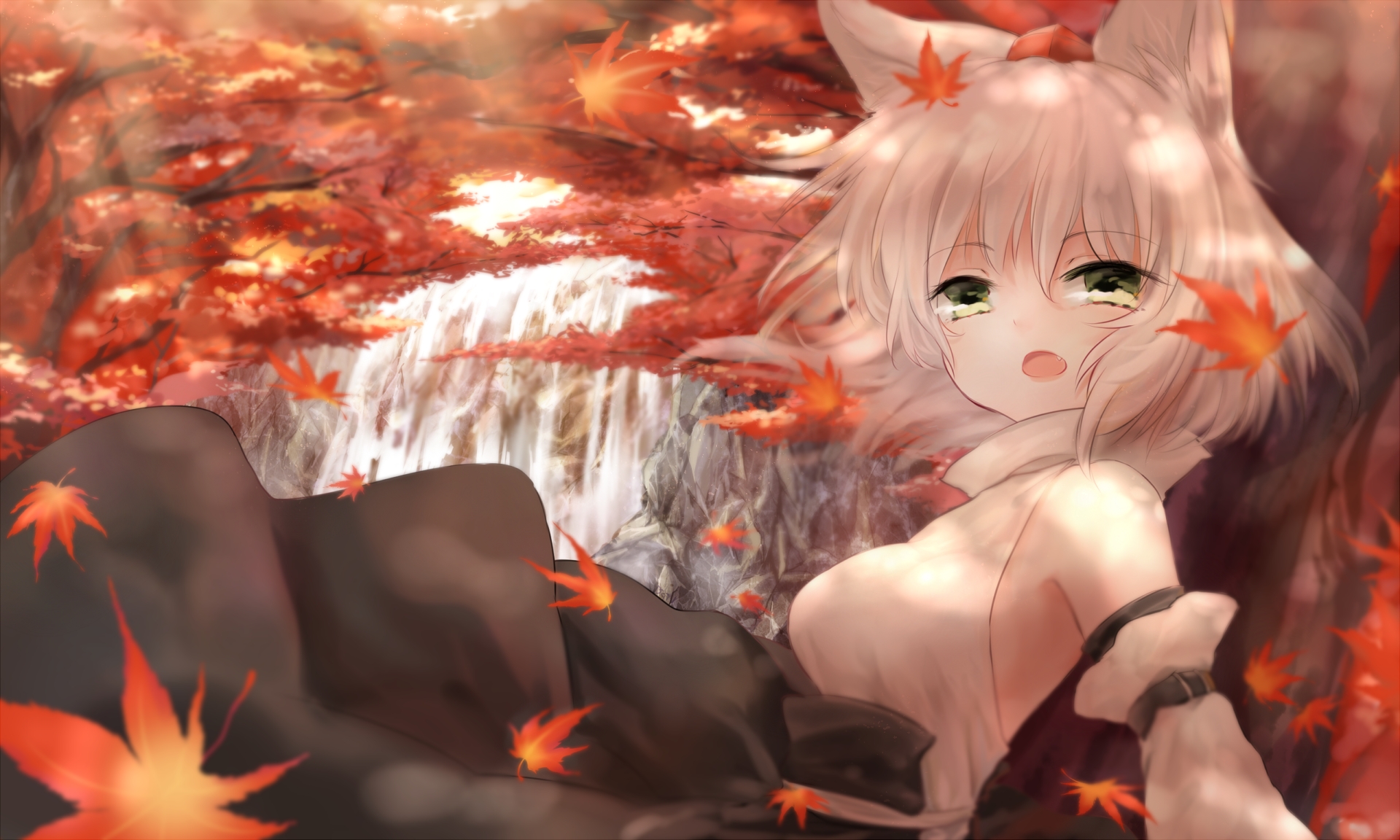 Free download wallpaper Anime, Nature, Waterfall, Leaf, Fall, Season, Touhou, Momiji Inubashiri on your PC desktop