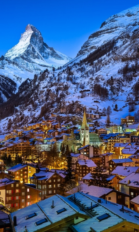 Download mobile wallpaper Winter, Snow, Alps, Village, Switzerland, Matterhorn, Man Made for free.
