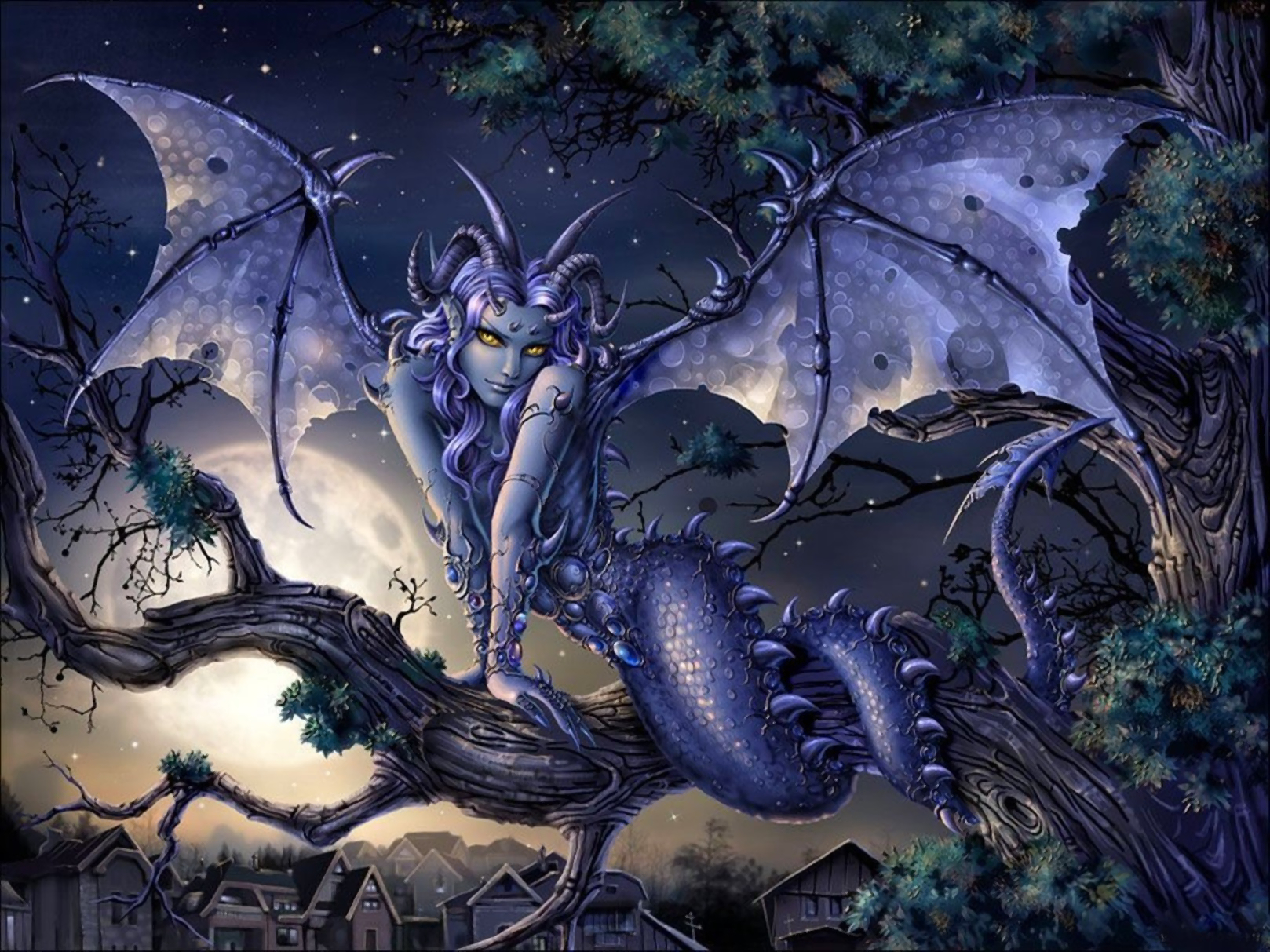 Download mobile wallpaper Fantasy, Tree, Wings, Creature, Horns for free.