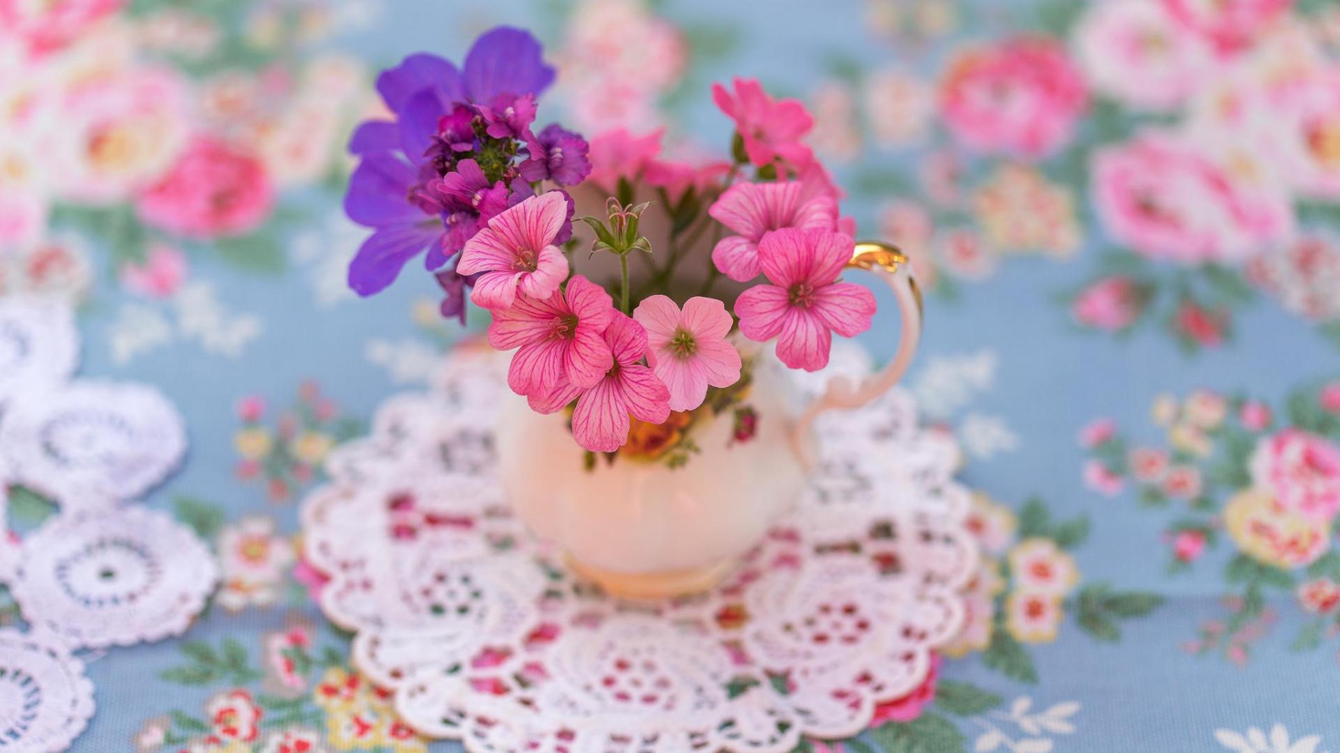 Download mobile wallpaper Still Life, Flower, Cup, Photography, Purple Flower, Pink Flower for free.