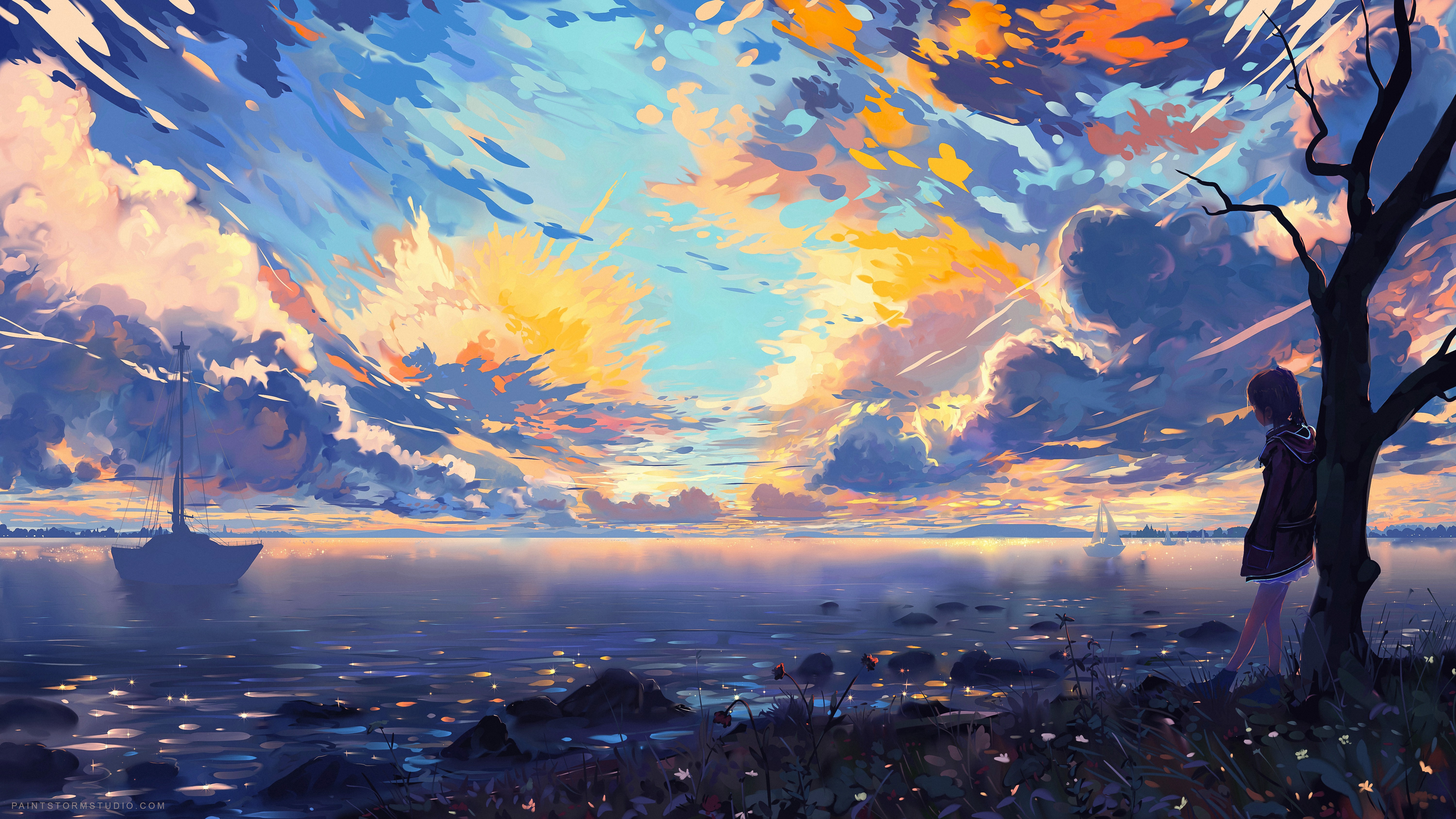 Download mobile wallpaper Anime, Horizon, Boat, Cloud, Original for free.