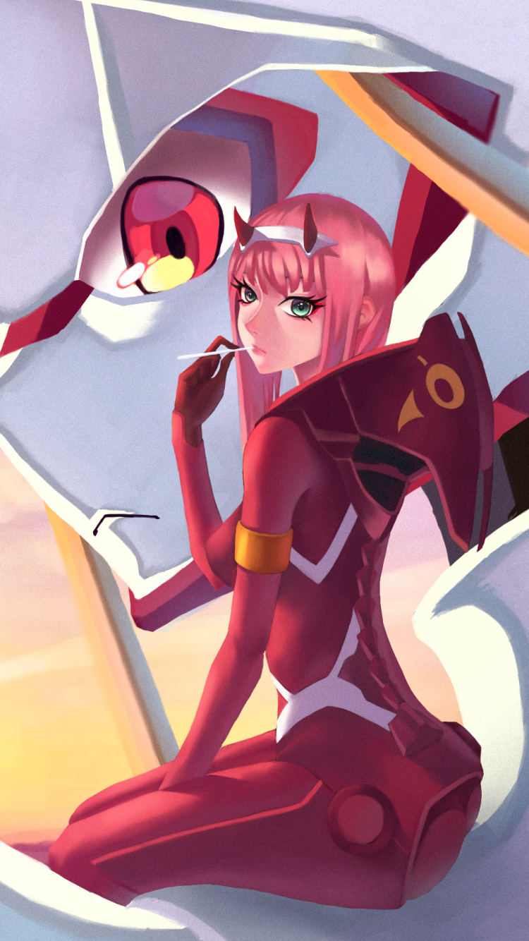 Download mobile wallpaper Anime, Robot, Horns, Lollipop, Green Eyes, Pink Hair, Red Eyes, Long Hair, Darling In The Franxx, Zero Two (Darling In The Franxx) for free.