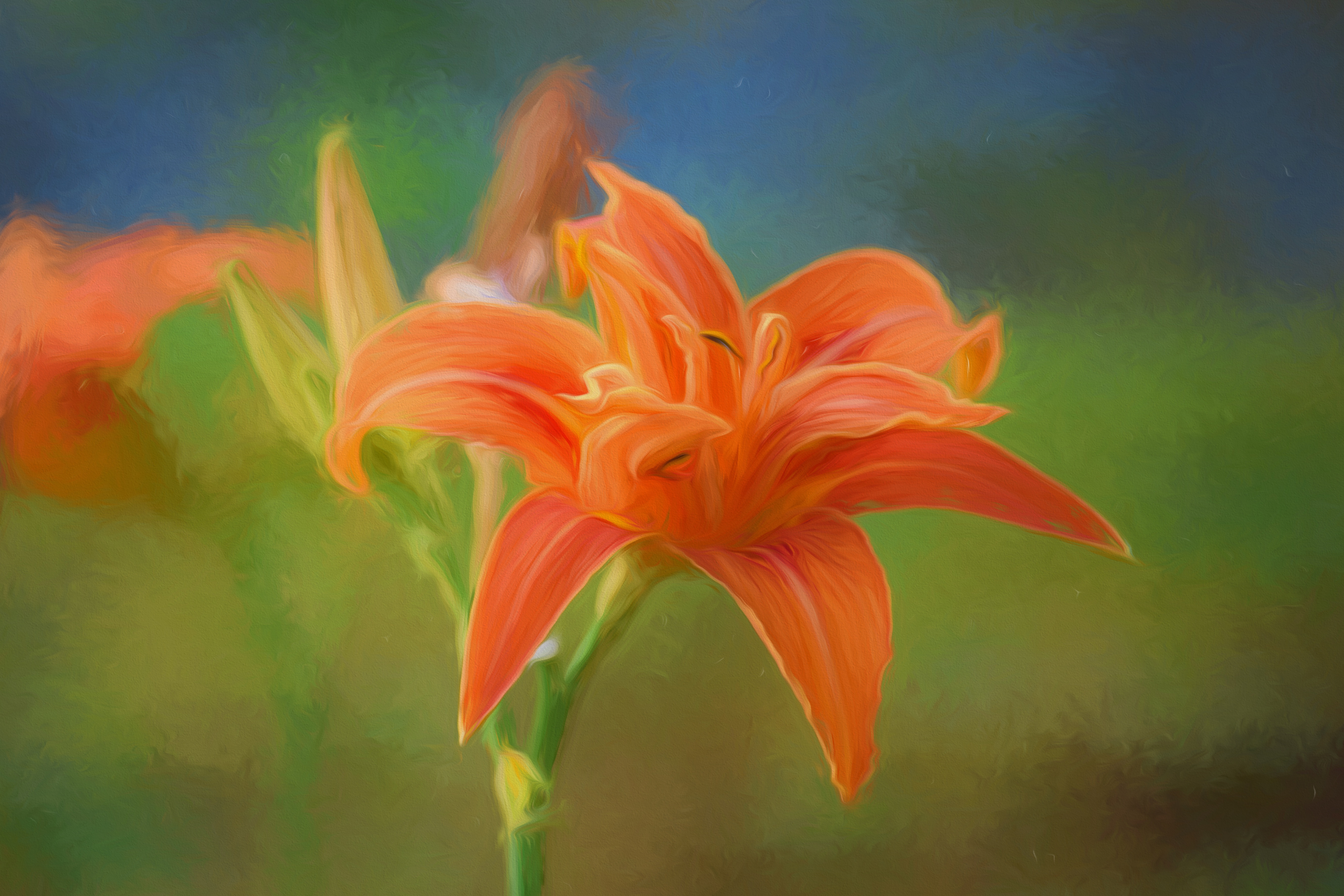 earth, lily, daylily, flower, oil painting, orange flower, flowers