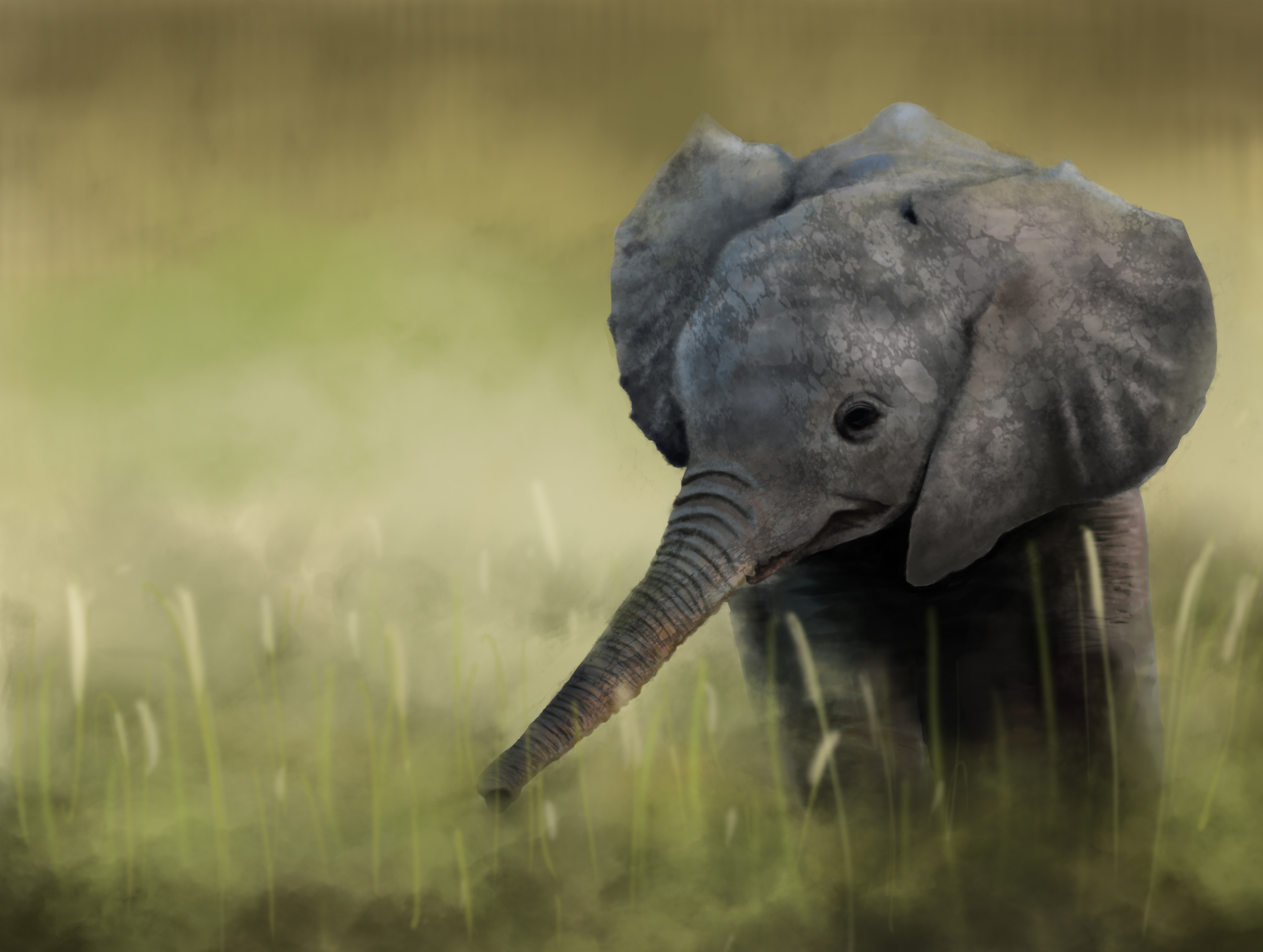 Скачати мобільні шпалери Слони, Тварина, Живопис, Дитинча Тварини, Африканський Чагарниковий Слон безкоштовно.