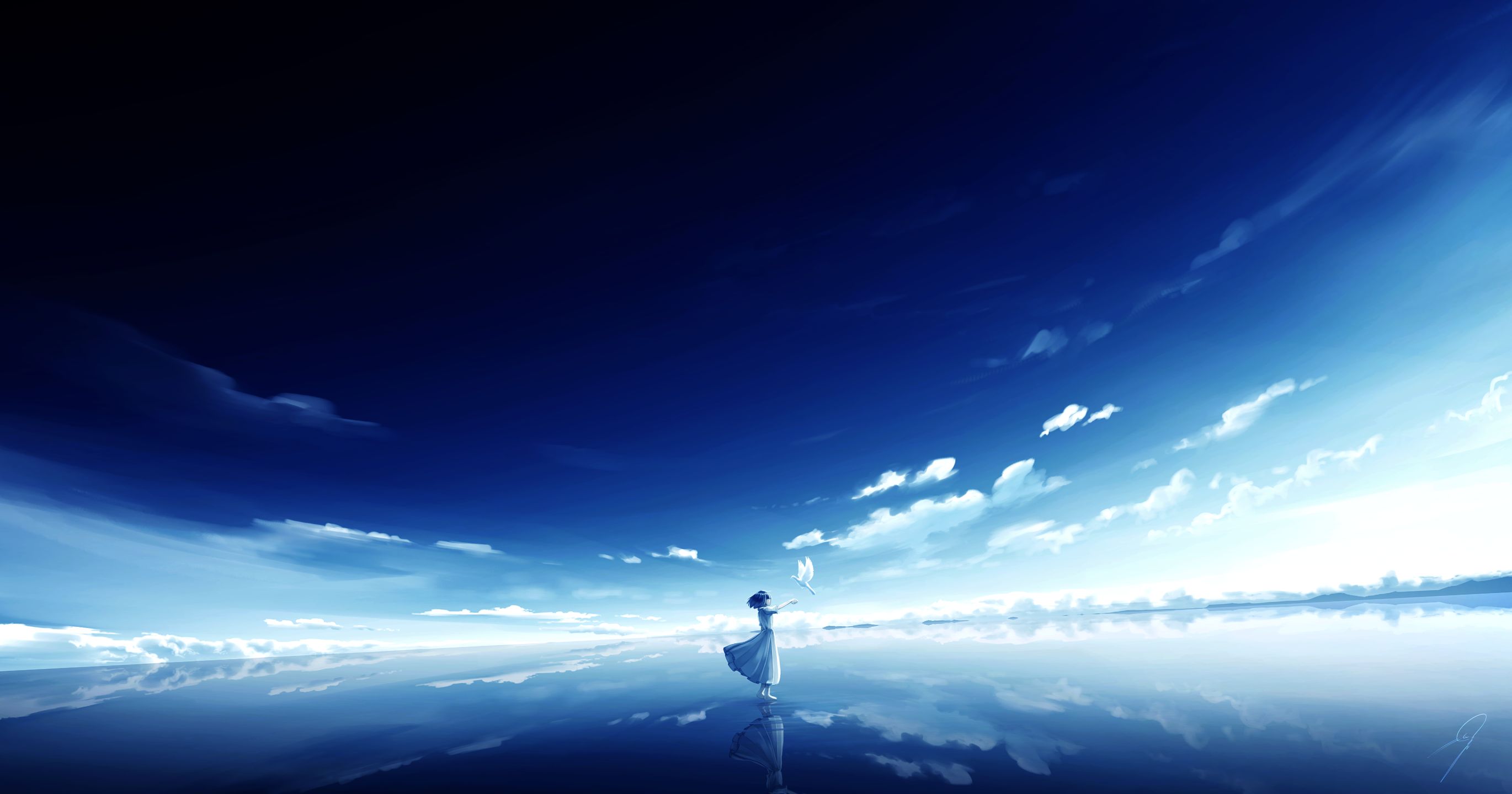 Download mobile wallpaper Anime, Sky, Reflection, Bird, Original for free.