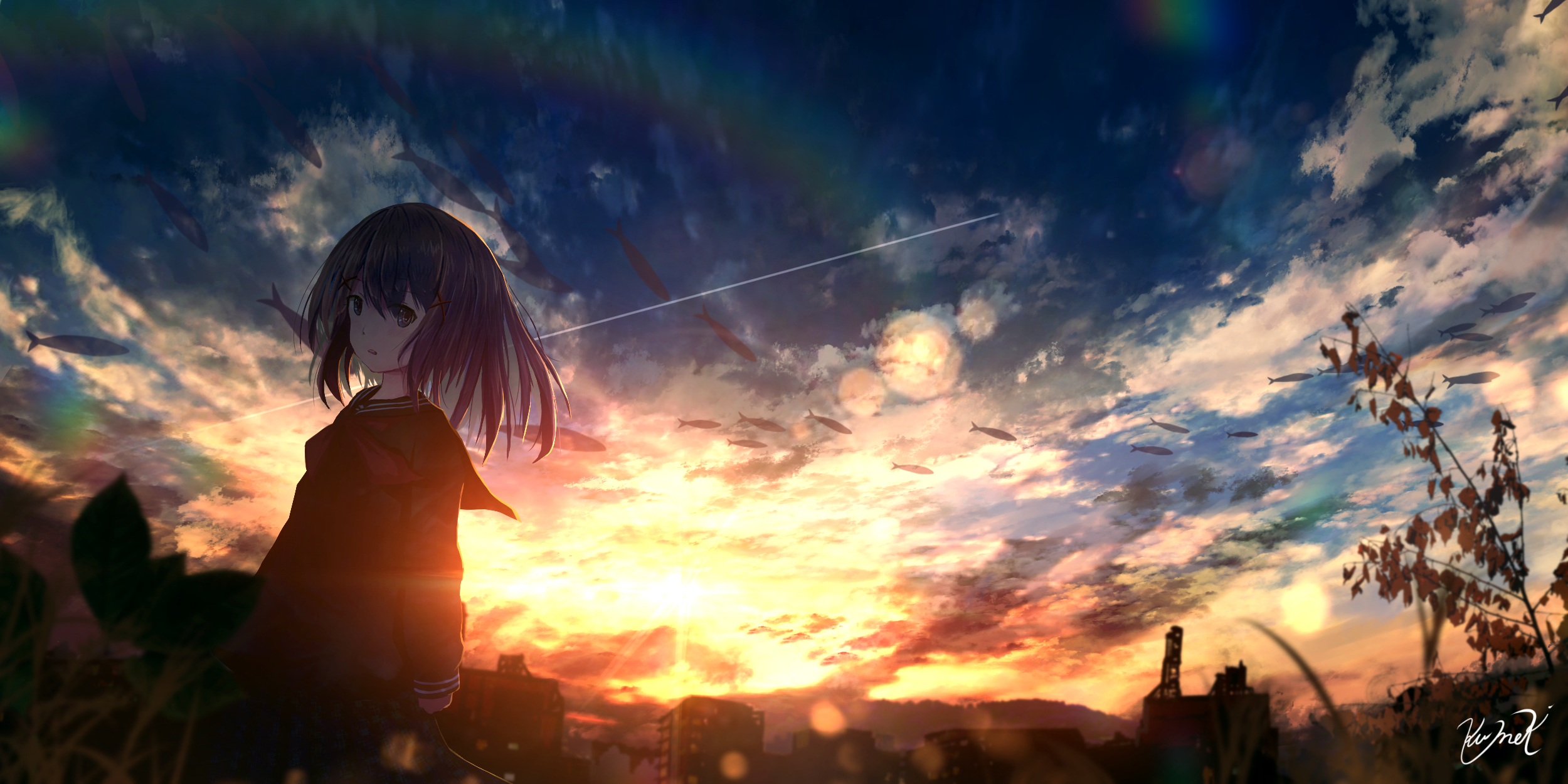 Free download wallpaper Anime, Sunset, Sky, Uniform, Original on your PC desktop