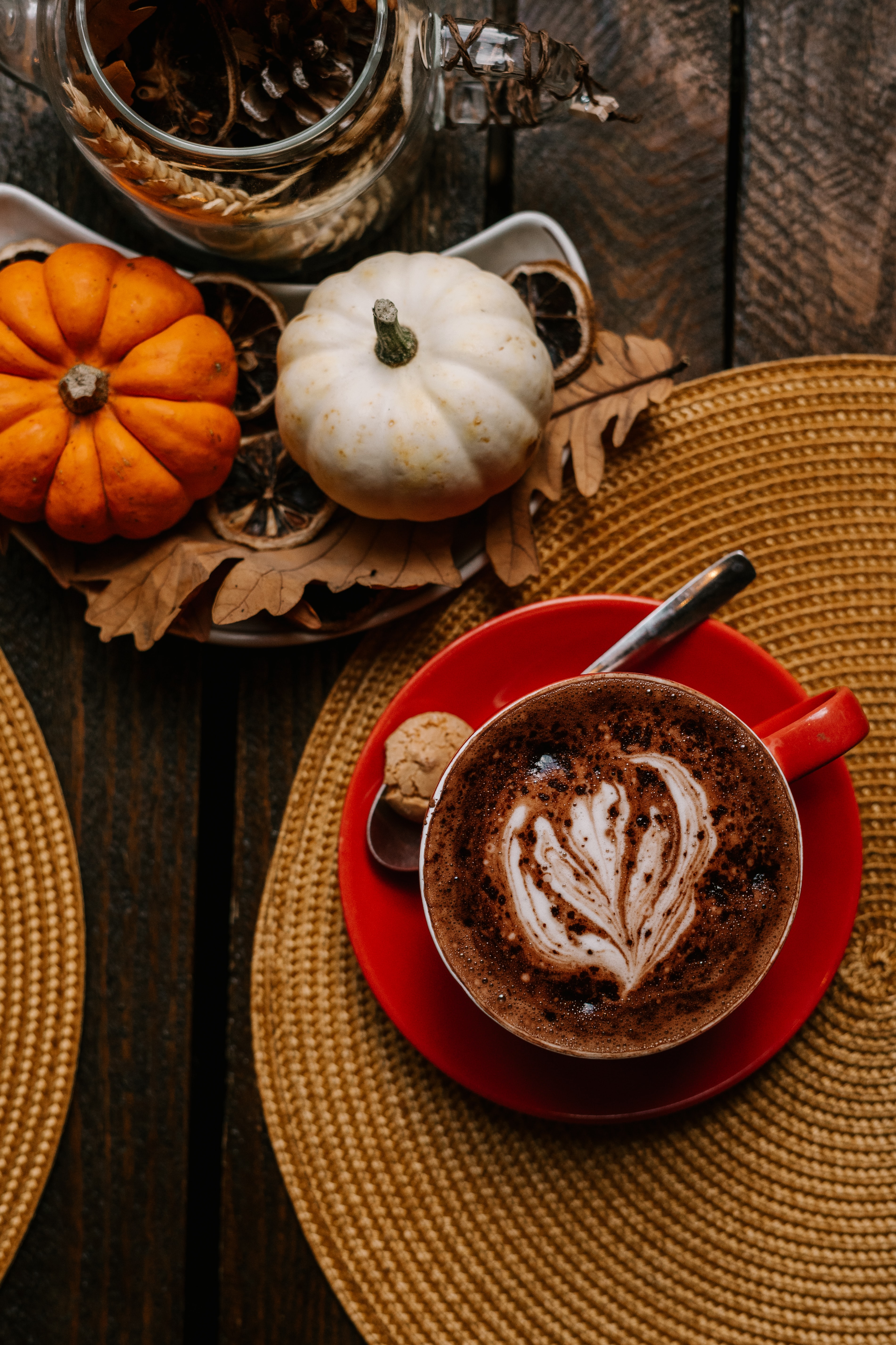 pumpkin, coffee, cup, food, leaves, orange, lobules, slices HD wallpaper