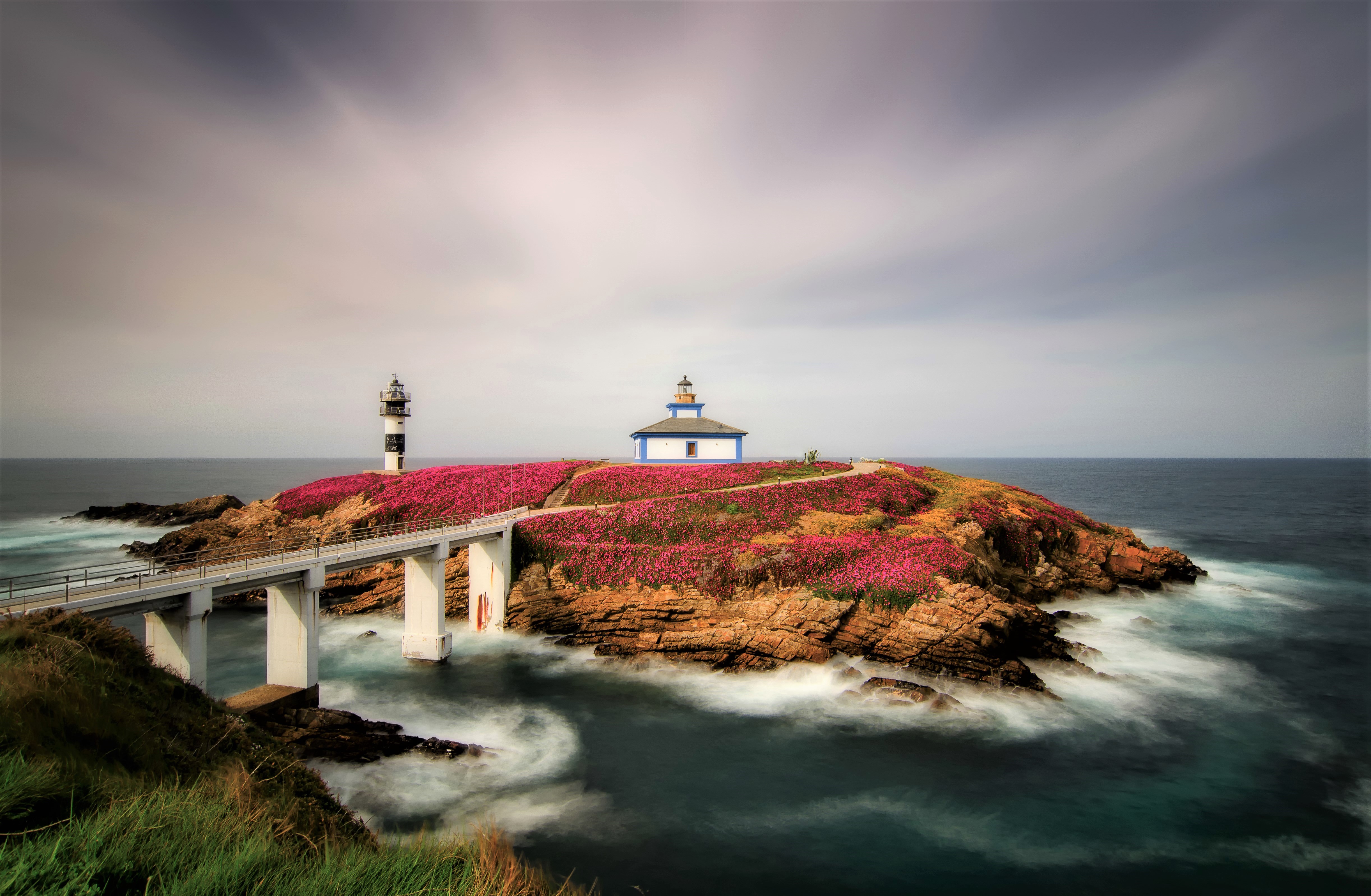 Free download wallpaper Bridge, Lighthouse, Island, Spain, Man Made on your PC desktop