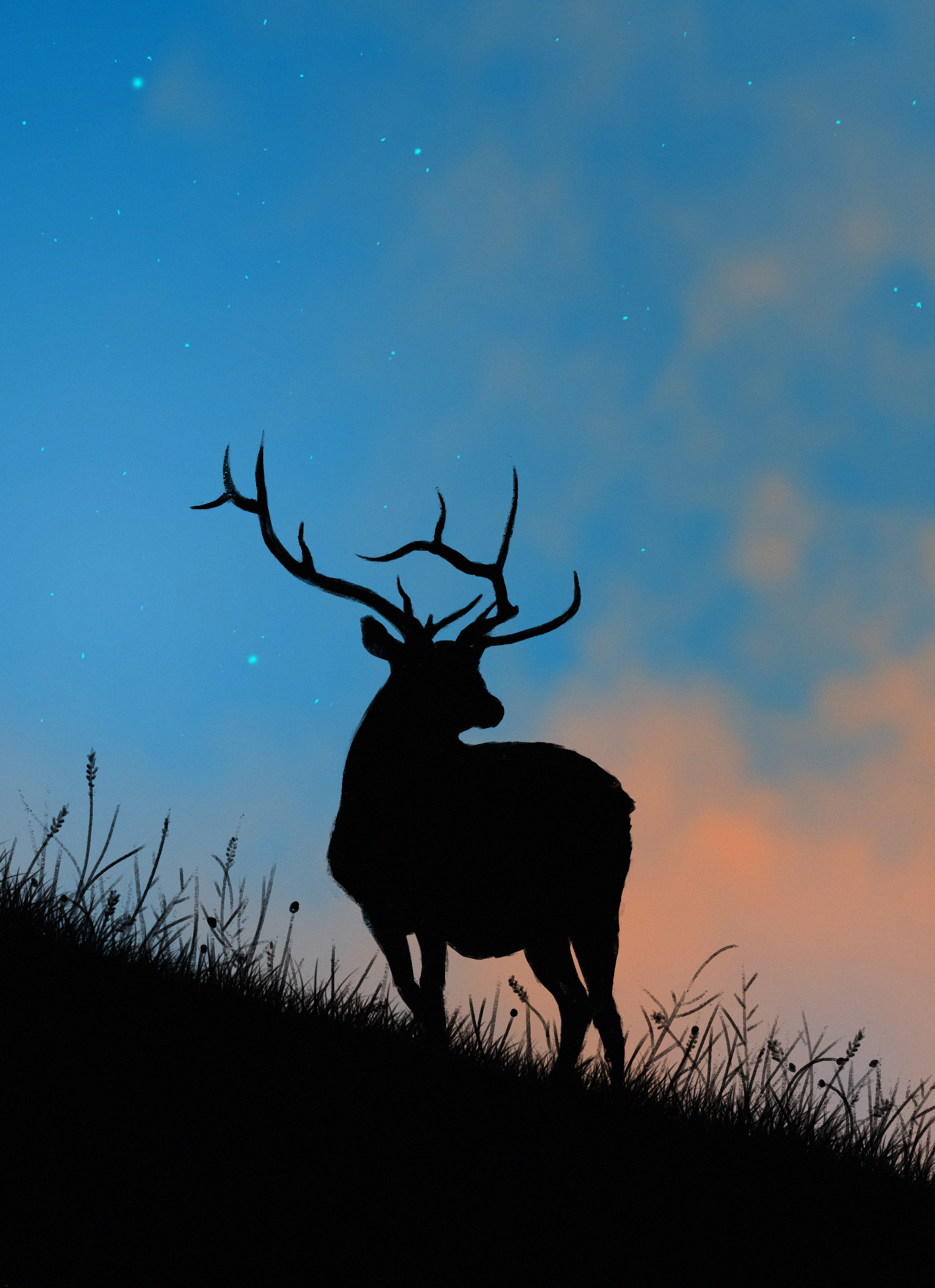 art, deer, horns, stars, twilight, silhouette, dusk Full HD