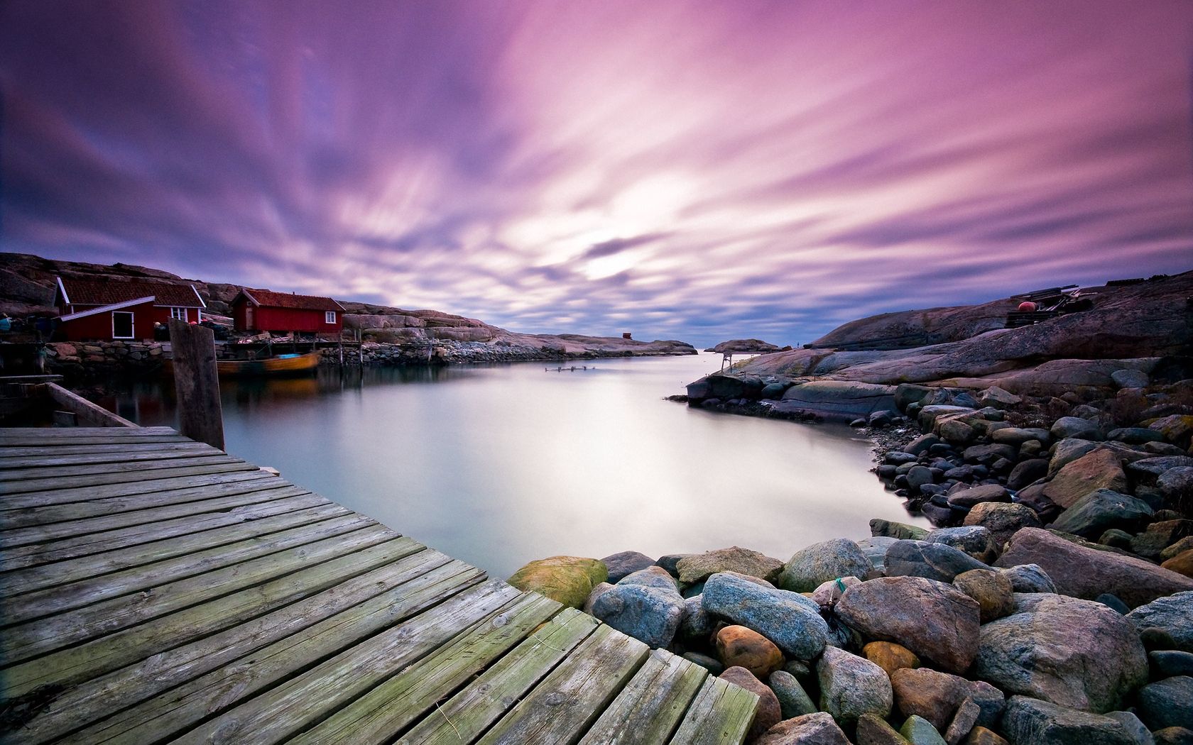 nature, houses, sunset, sky, lilac, bridge, evening, planks, board, small houses