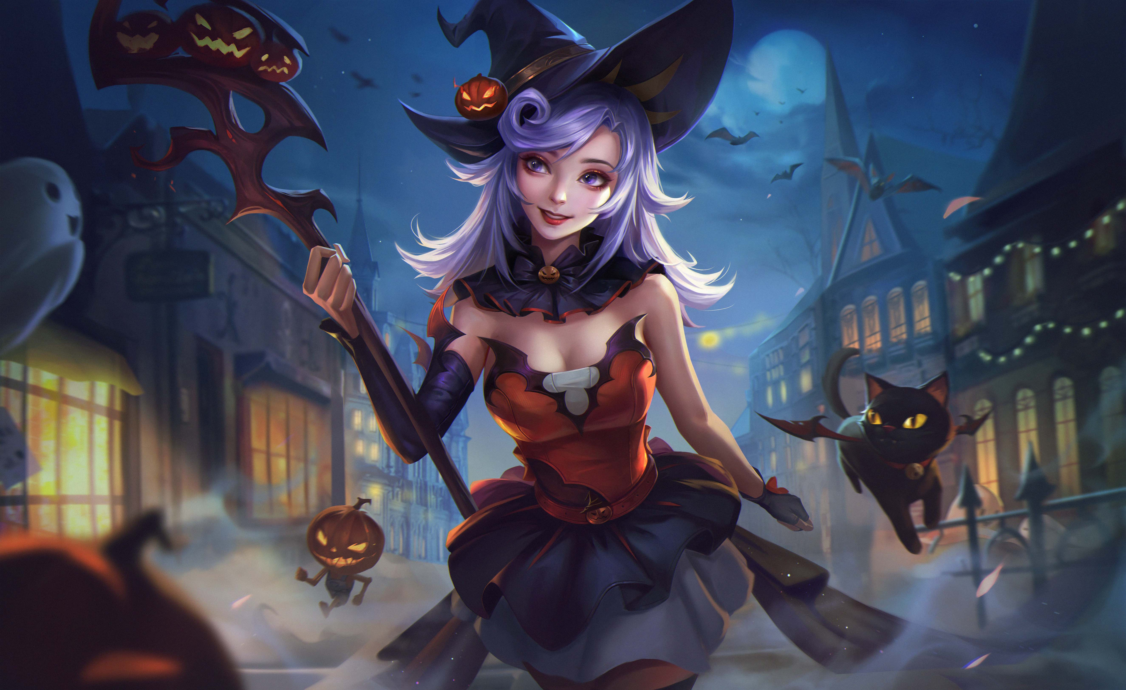 halloween, anime, girl, cat, night, staff, witch hat, witch