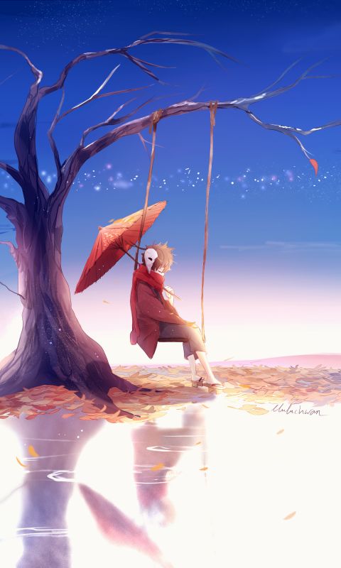 Download mobile wallpaper Anime, Sky, Reflection, Tree, Swing, Umbrella, Original for free.