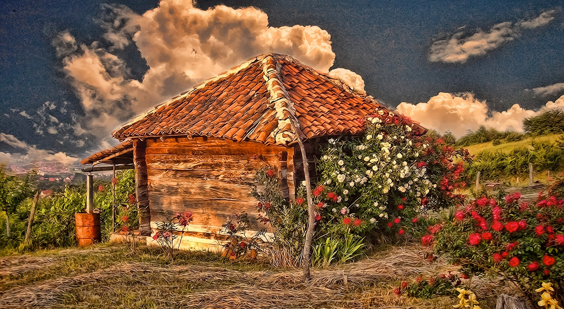 Free download wallpaper Flower, Tree, Painting, Artistic, Cabin on your PC desktop