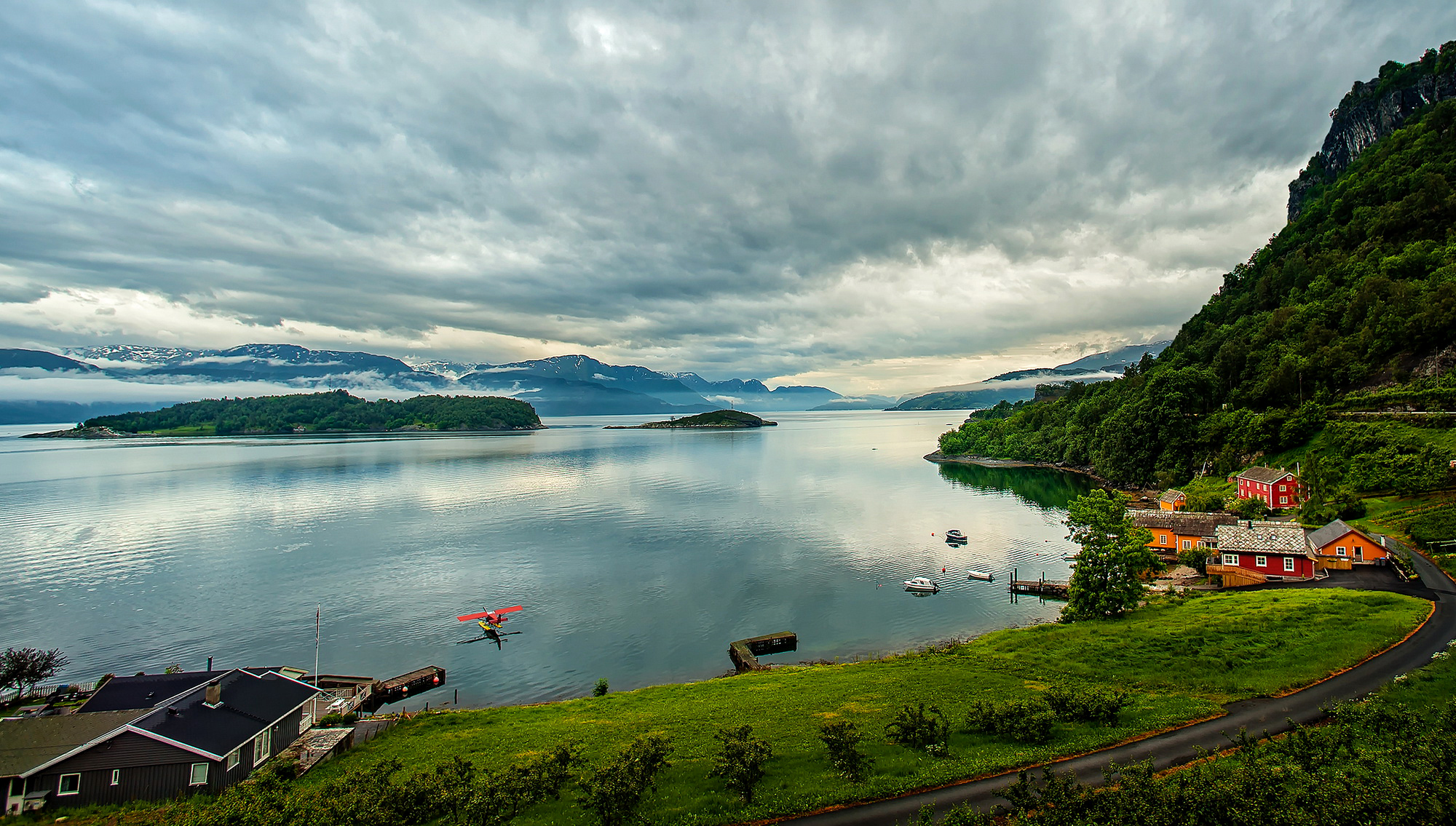 Download mobile wallpaper Mountain, Lake, House, Village, Norway, Man Made for free.