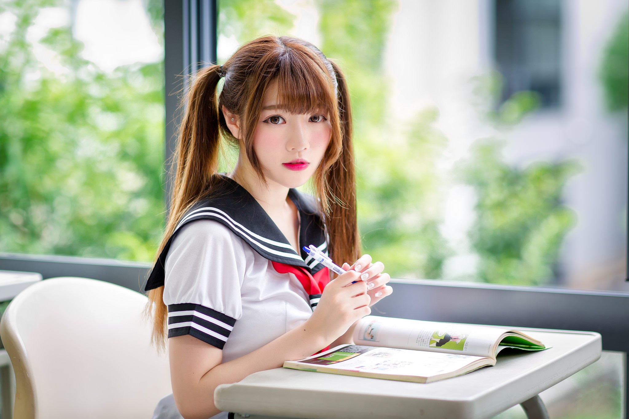 Free download wallpaper Brunette, Model, Women, Asian, School Uniform, Twintails, Lipstick, Depth Of Field on your PC desktop