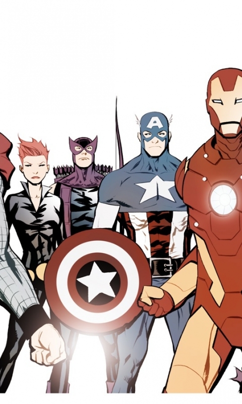 Скачать картинку Комиксы, Железный Человек, Капитан Америка, Мстители, Чёрная Вдова, Соколиный Глаз, Черная Вдова в телефон бесплатно.