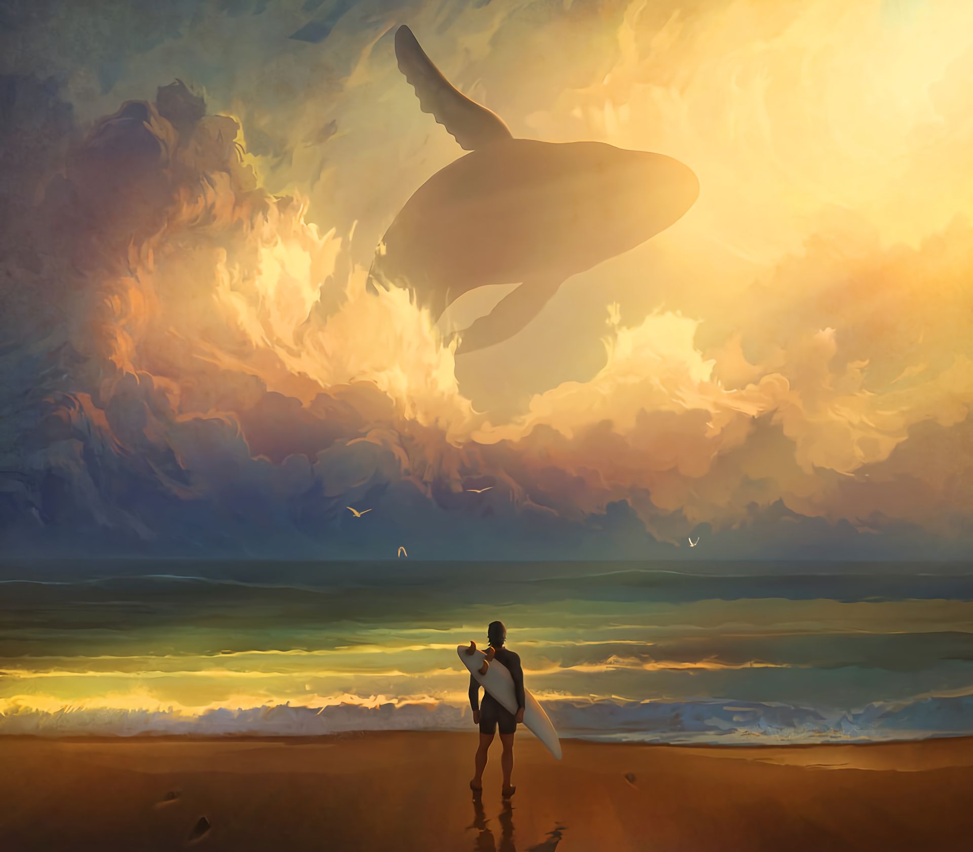 404552 télécharger le fond d'écran fantaisie, baleine, nuage, océan, mer, surfeur, animaux fantastiques - économiseurs d'écran et images gratuitement