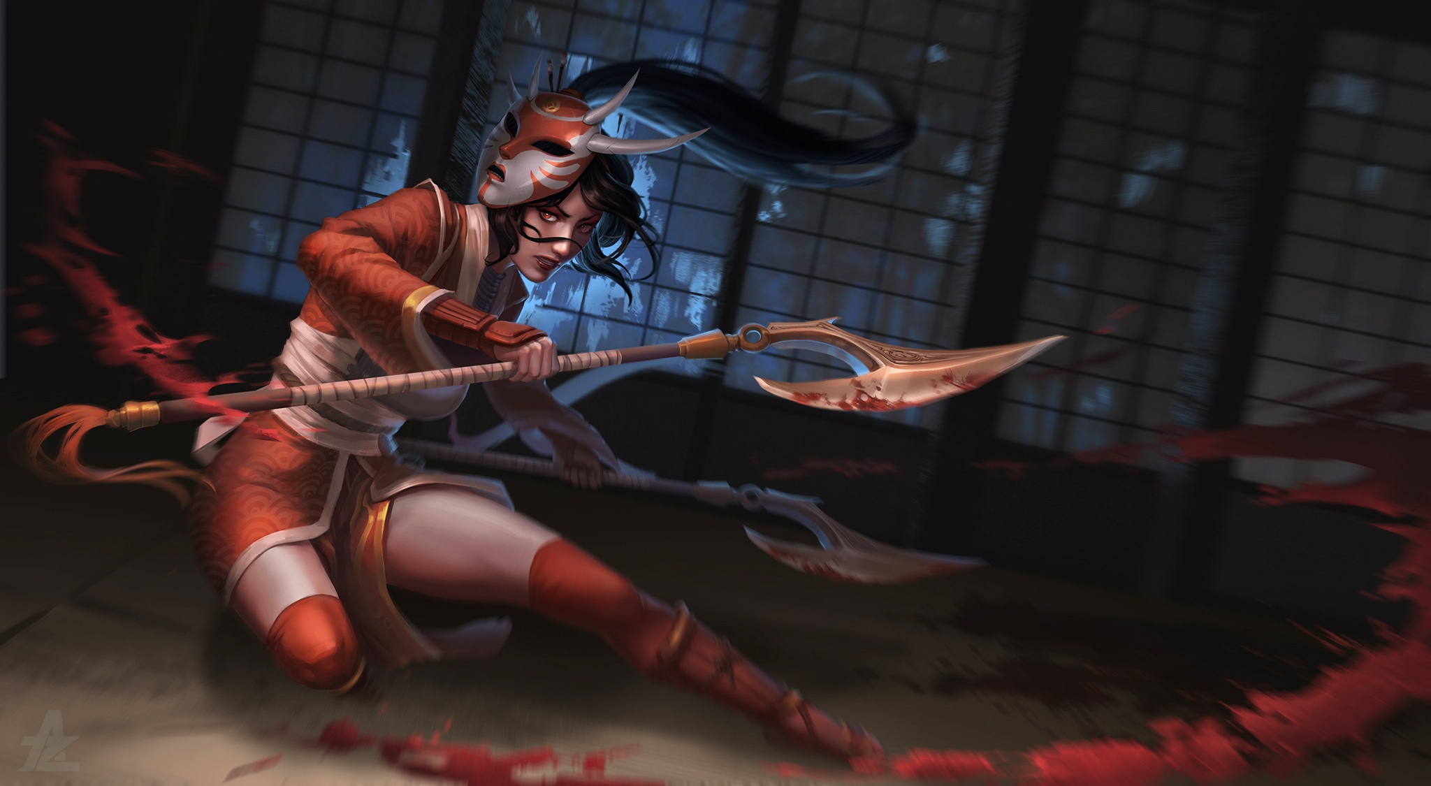 Download mobile wallpaper Weapon, League Of Legends, Mask, Oriental, Red Eyes, Video Game, Black Hair, Woman Warrior, Akali (League Of Legends) for free.