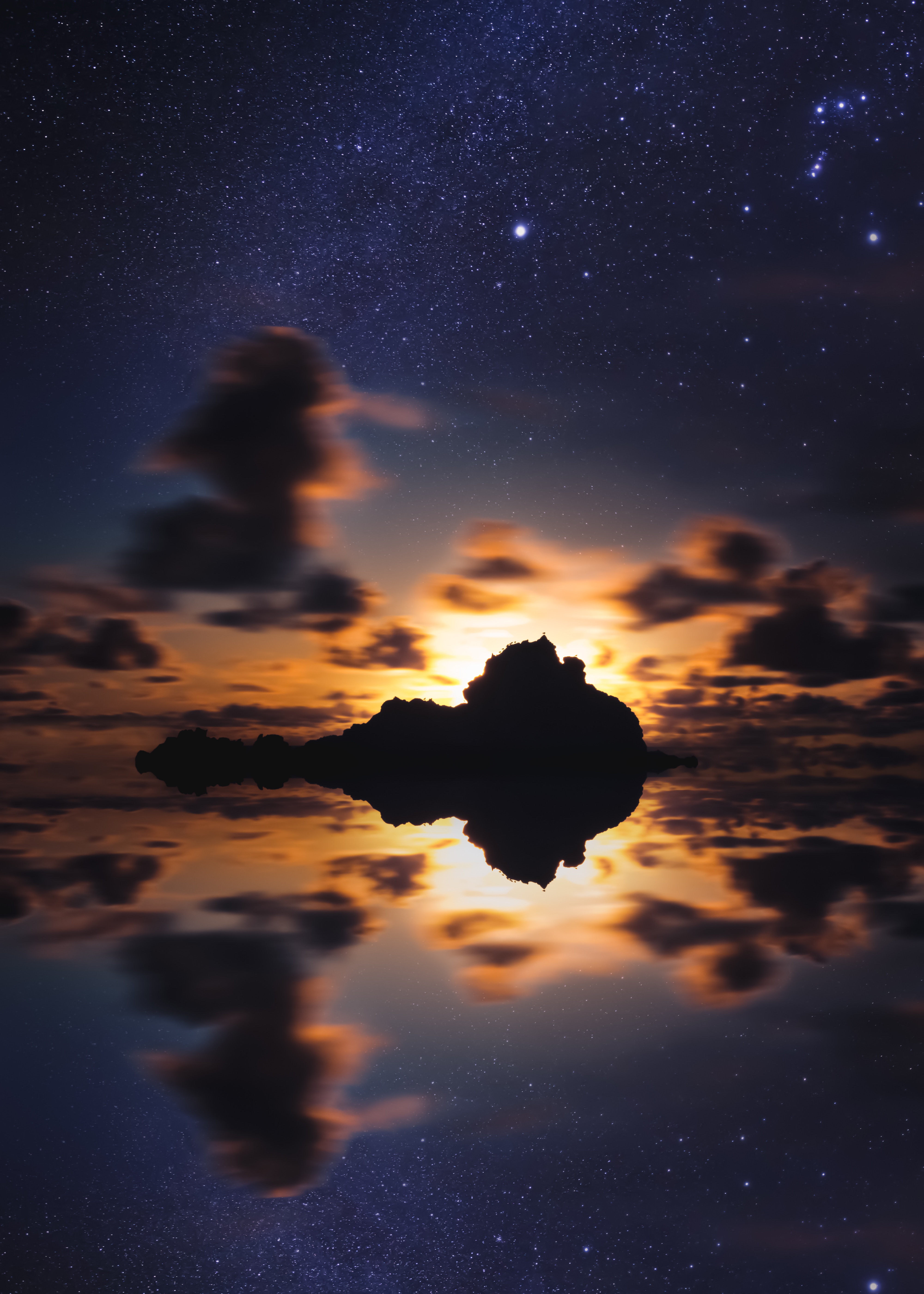 Free download wallpaper Nature, Starry Sky, Sunset, Horizon, Sea, Stars, Island on your PC desktop
