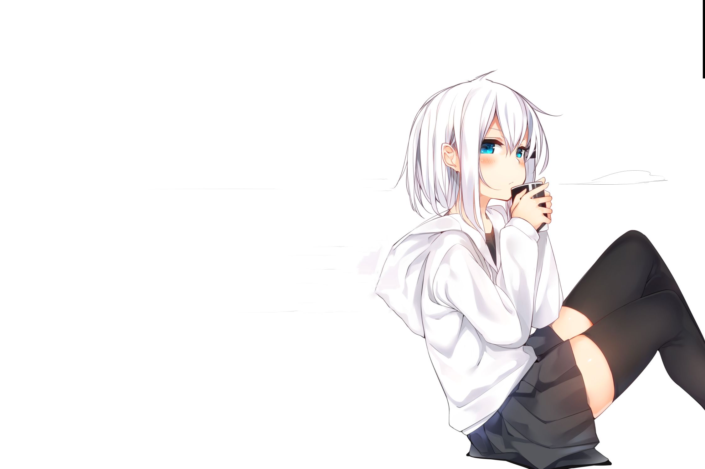 Download mobile wallpaper Anime, Cup, Girl, Jacket, Blue Eyes, School Uniform, Short Hair, Thigh Highs, White Hair for free.