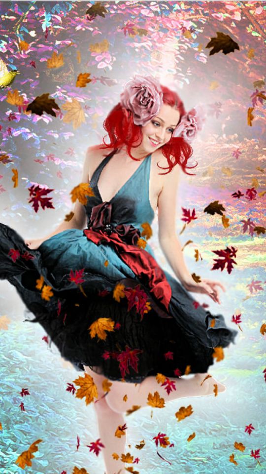Download mobile wallpaper Fantasy, Leaf, Fall, Dress, Women, Red Hair, Dancing for free.