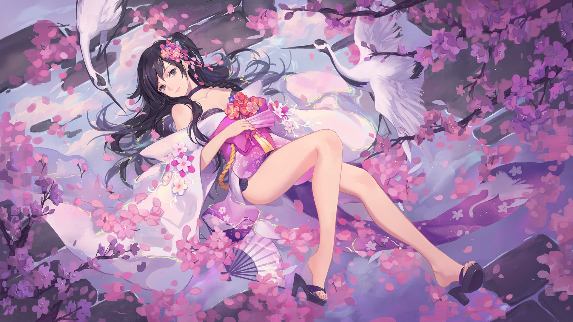 864671 Hintergrundbild herunterladen sakura, animes, original, kirschblüte, blume, high heels, japanische kleidung, hinlegen - Bildschirmschoner und Bilder kostenlos