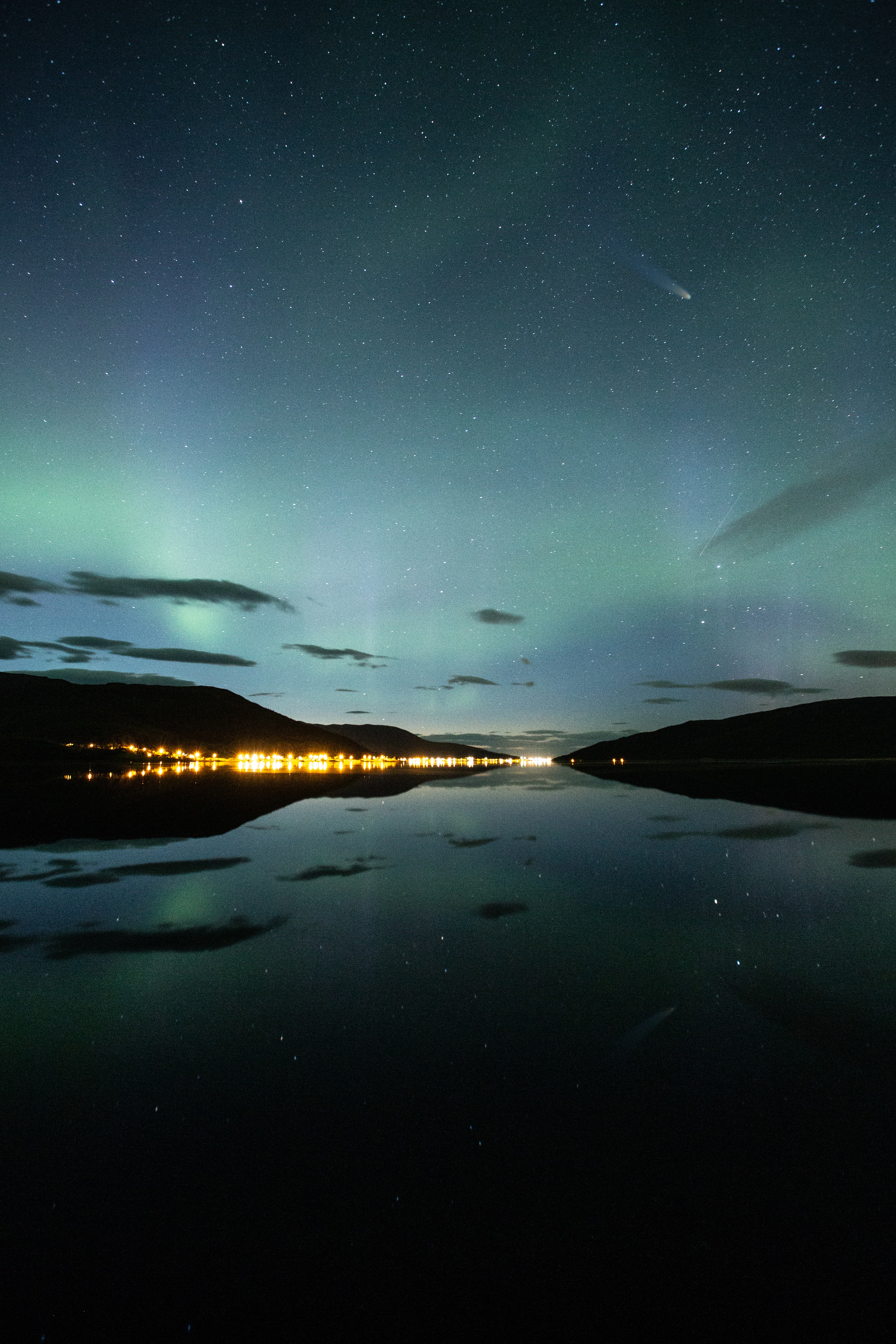 stars, nature, night, lake, reflection, starry sky Panoramic Wallpaper