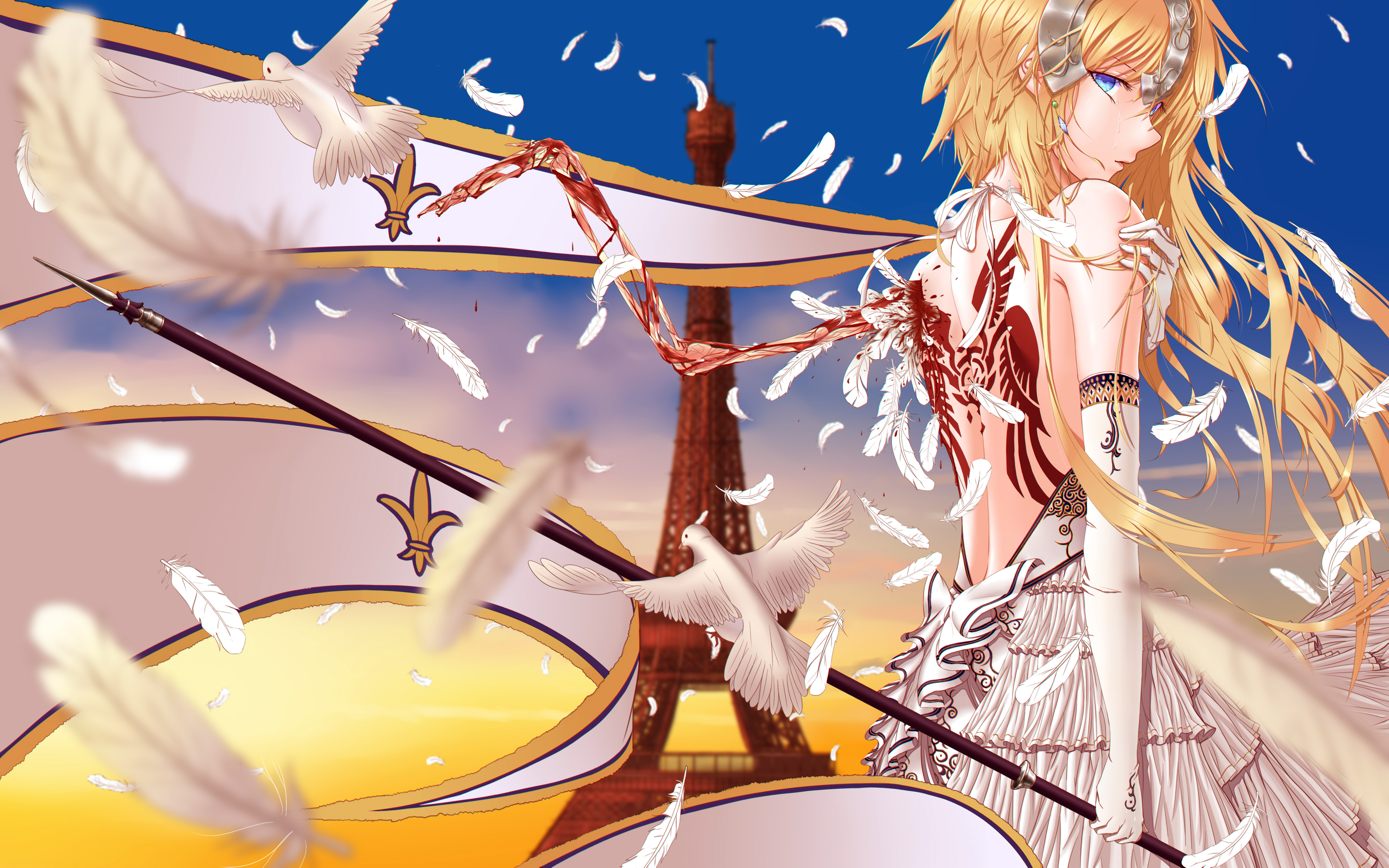 Download mobile wallpaper Anime, Eiffel Tower, Blood, Feather, Tattoo, Wings, Blonde, Dove, Blue Eyes, Long Hair, Fate/grand Order, Jeanne D'arc (Fate Series), Ruler (Fate/apocrypha), Banner, Fate Series for free.