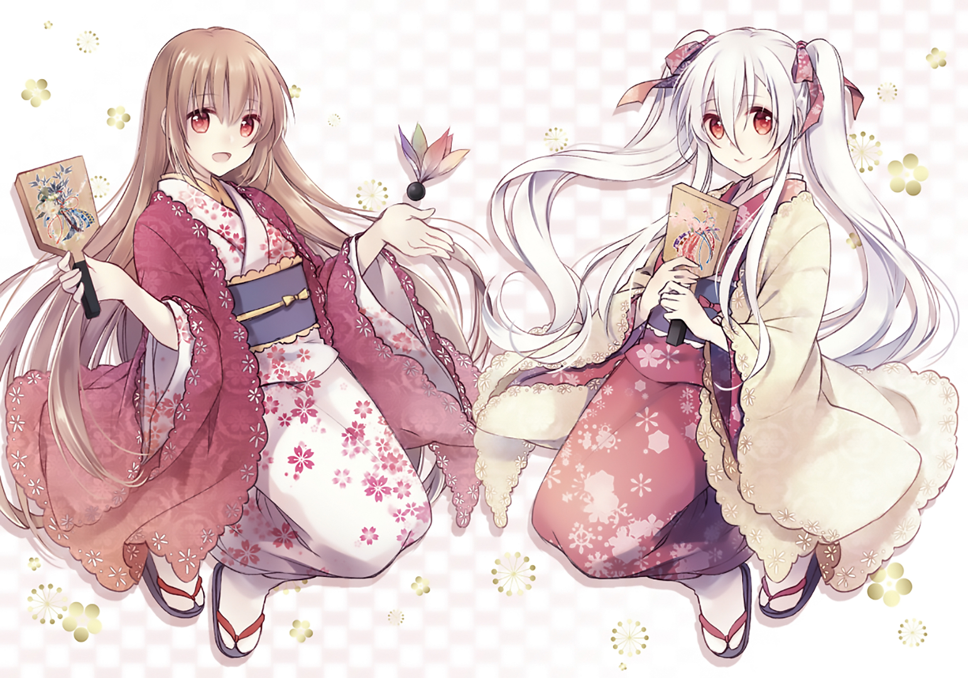 Download mobile wallpaper Anime, Original, Red Eyes, Long Hair, Brown Hair, White Hair, Japanese Clothes for free.