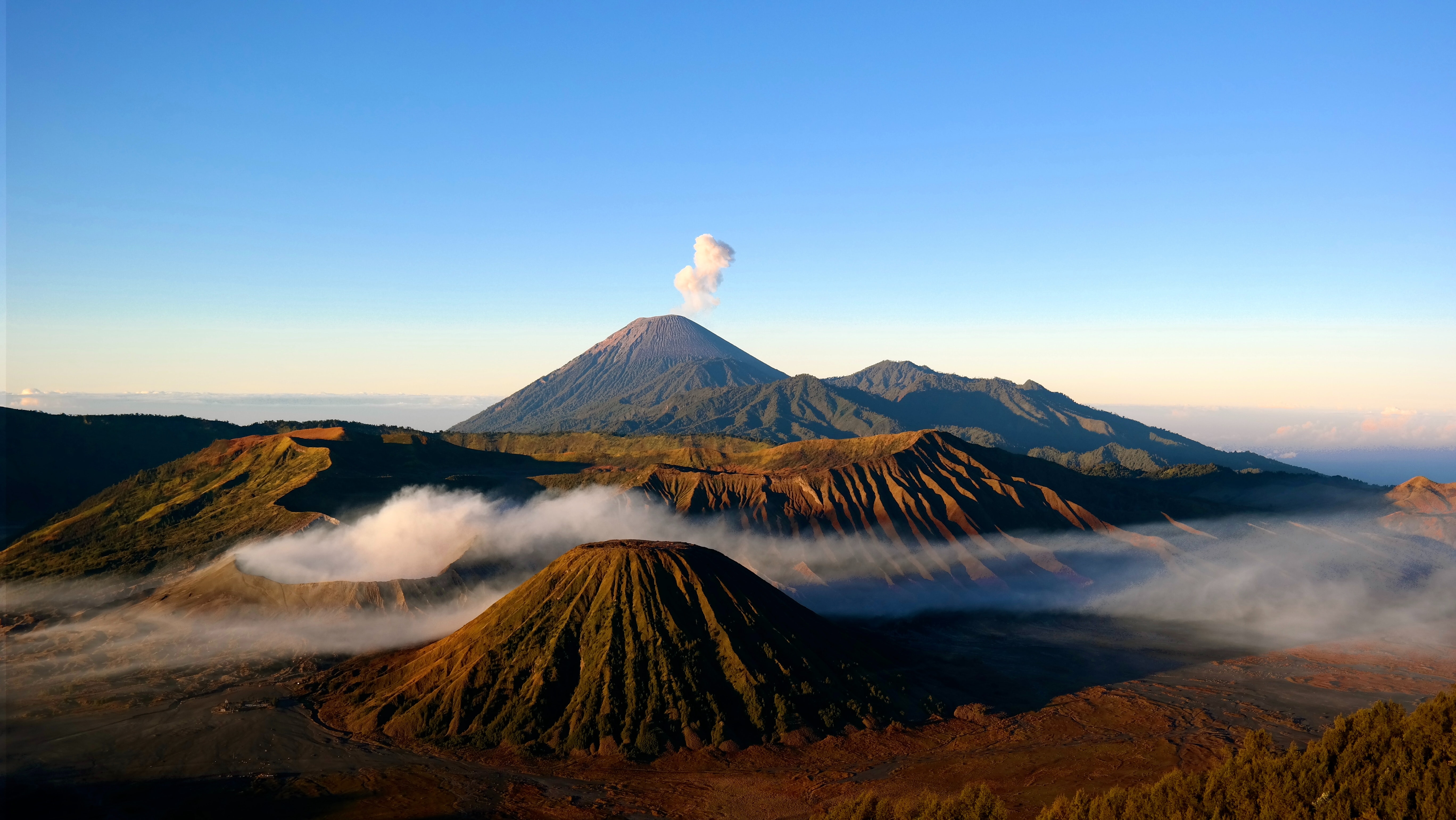 mountains, nature, smoke, vertex, tops, volcano Panoramic Wallpaper