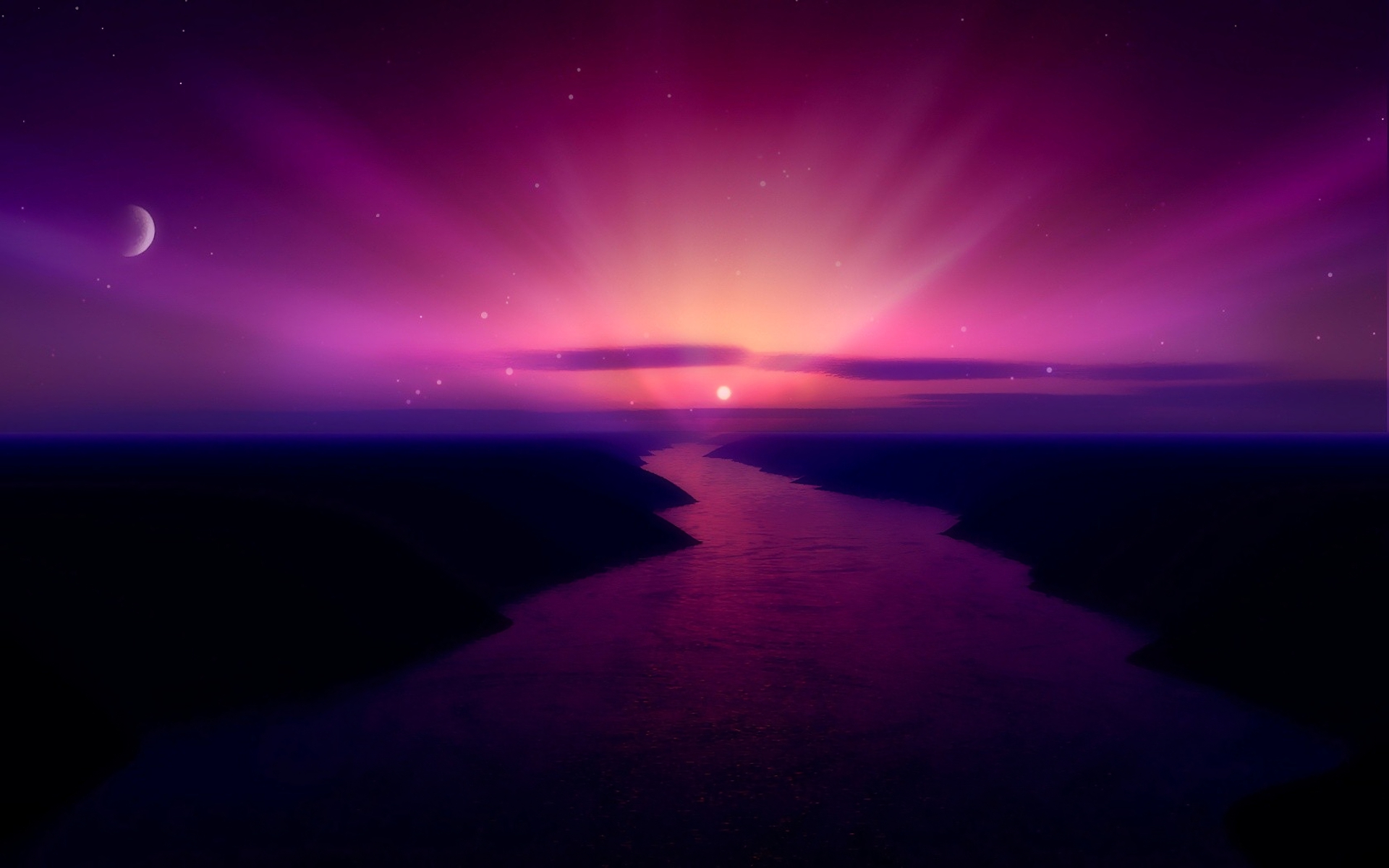 Download mobile wallpaper Sunset, Moon, Horizon, Earth, Purple, River for free.