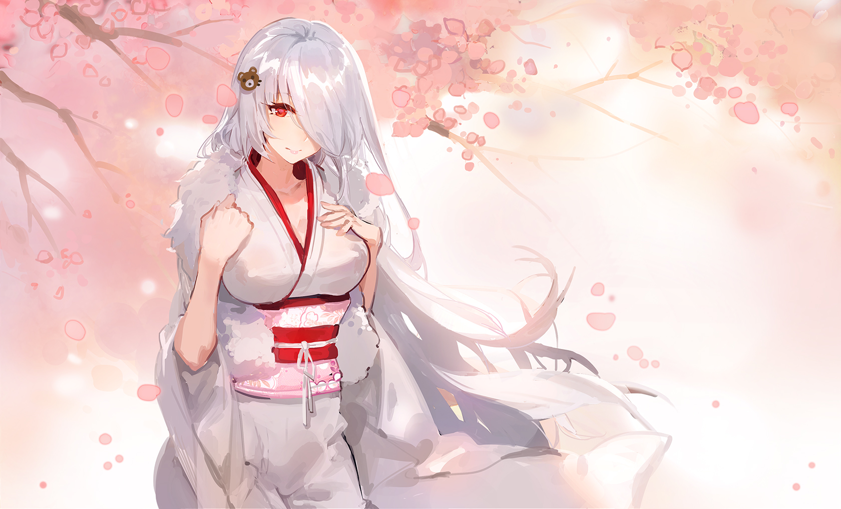 739353 Hintergrundbild herunterladen animes, original, kirschblüte, japanische kleidung, lange haare, rote augen, sakura blüte, lächeln, weißes haar, yukata - Bildschirmschoner und Bilder kostenlos