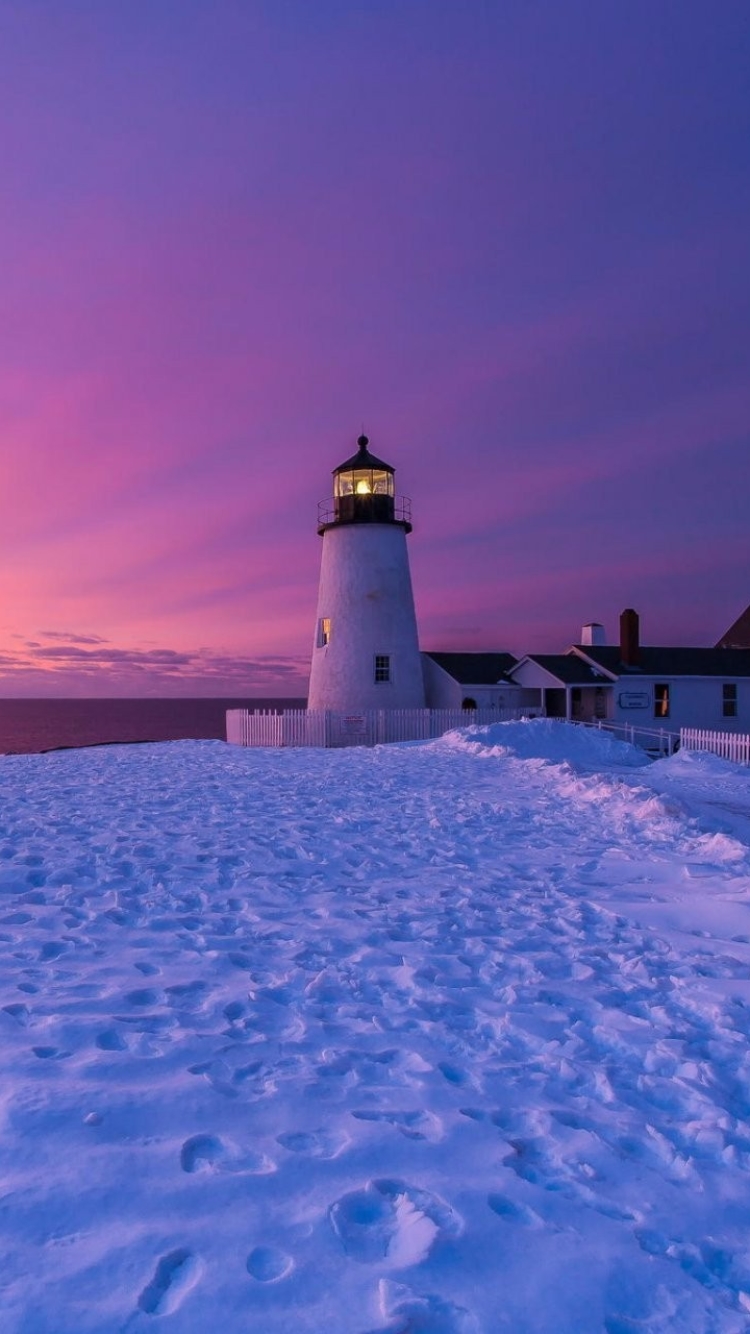 Download mobile wallpaper Winter, Snow, Horizon, Lighthouse, Man Made for free.