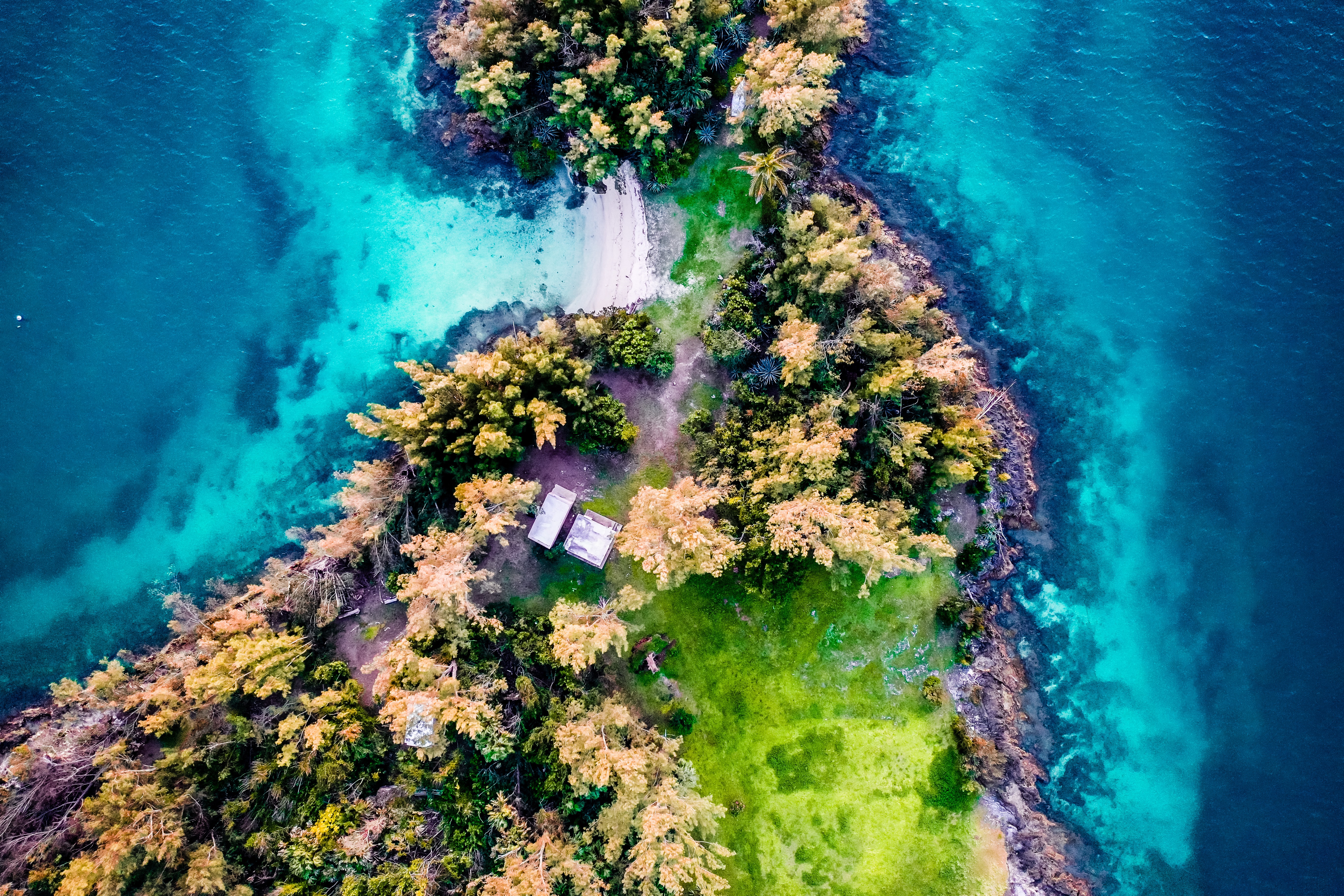 Download mobile wallpaper View From Above, Waves, Coast, Nature, Trees, Island for free.