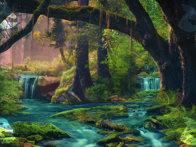 Скачать картинку Водопад, Лес, Дерево, Зелень, Художественные в телефон бесплатно.