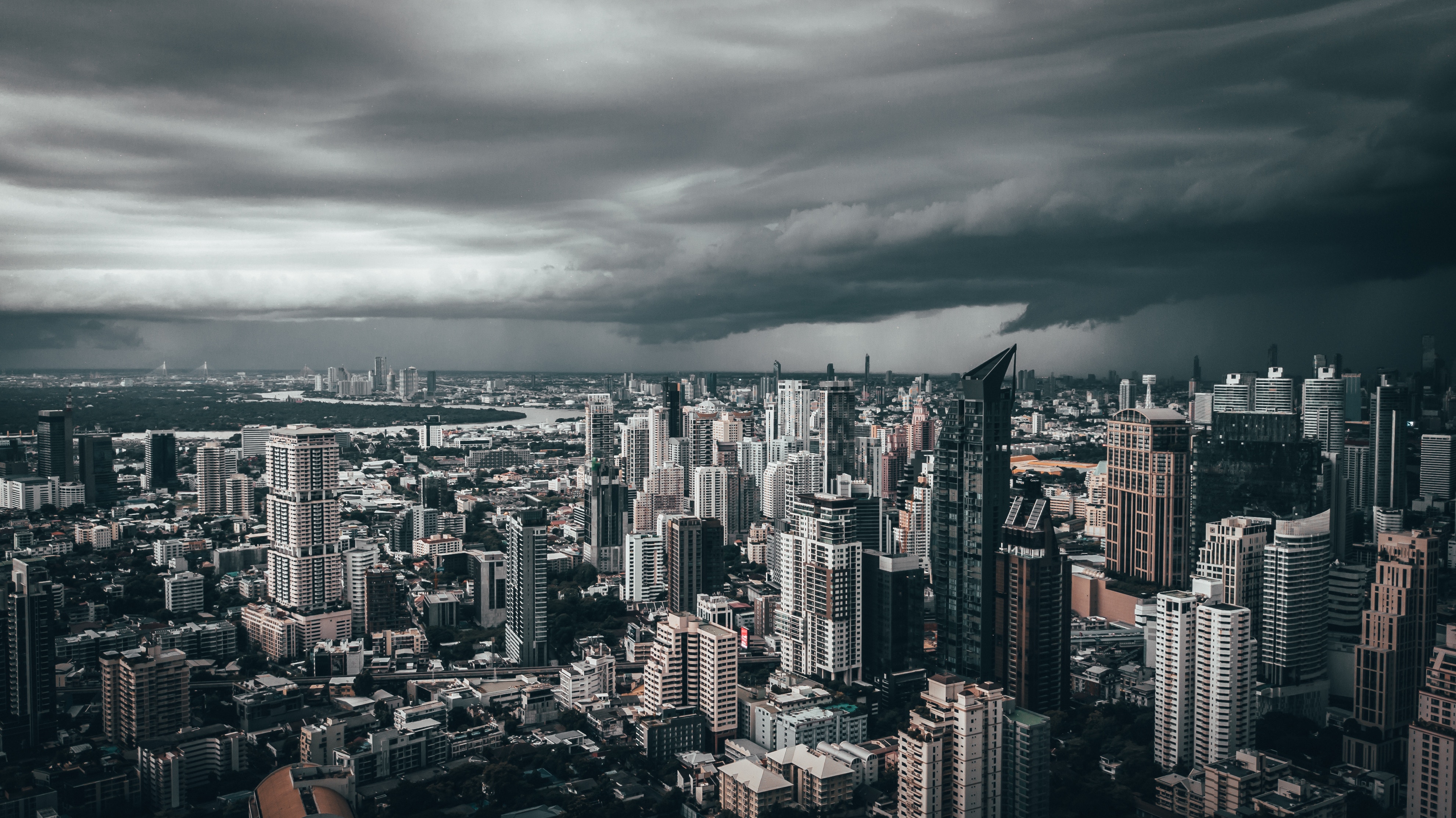 Full HD mainly cloudy, cities, clouds, city, view from above, skyscrapers, overcast