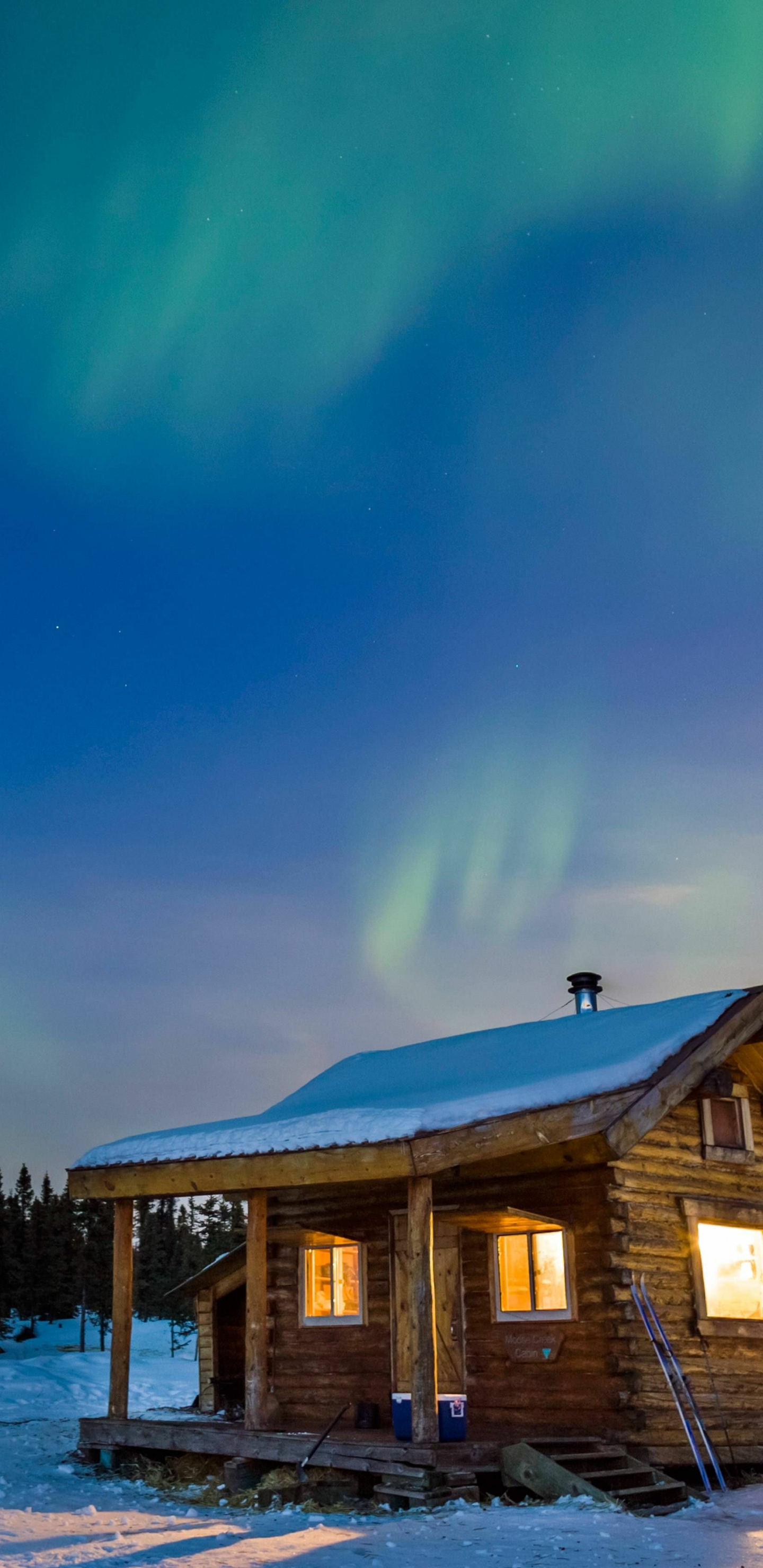 Download mobile wallpaper Winter, Snow, Earth, Aurora Borealis, Cabin for free.