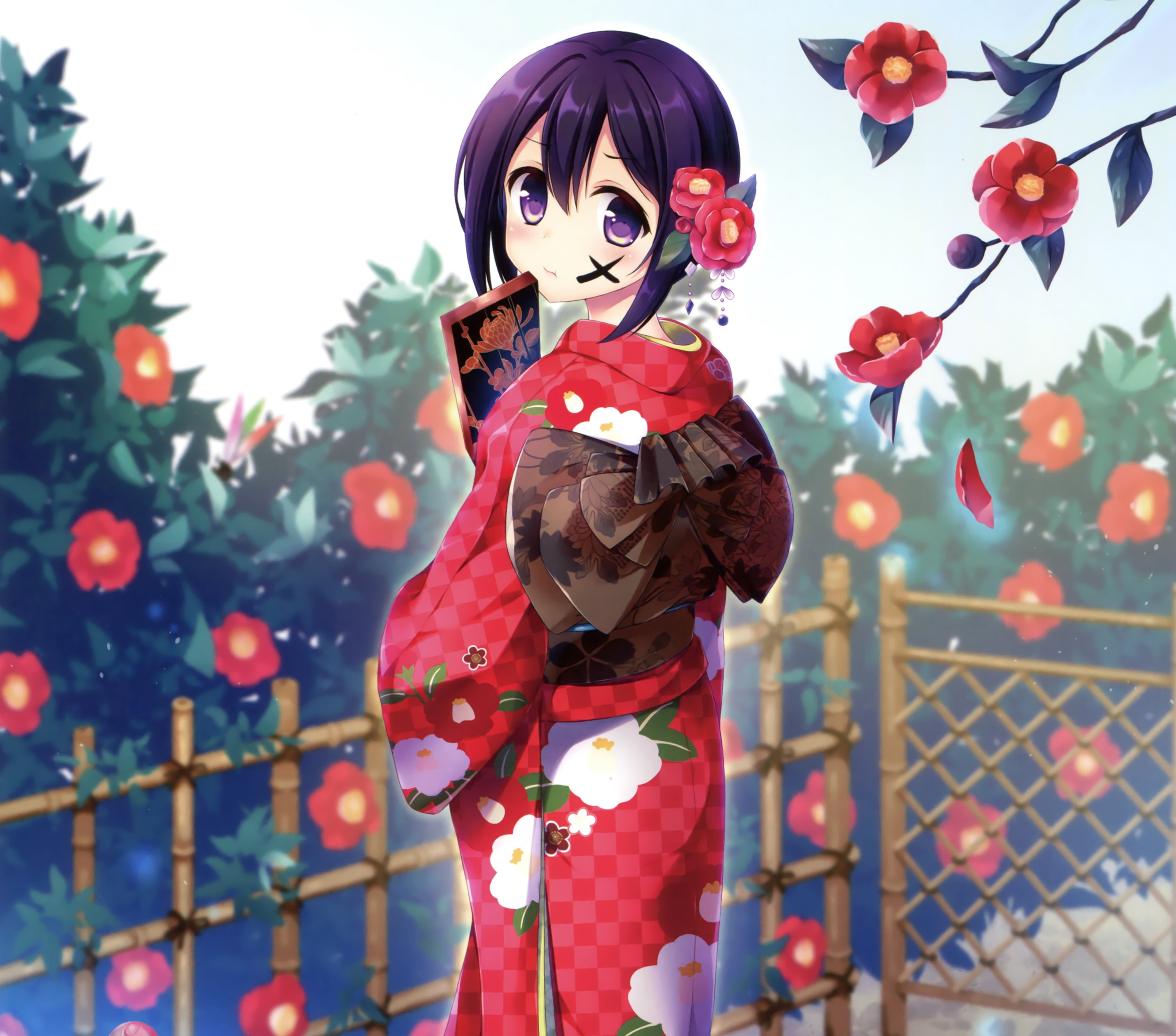 Free download wallpaper Anime, Flower, Kimono, Original, Blush, Black Hair, Short Hair, Purple Eyes on your PC desktop