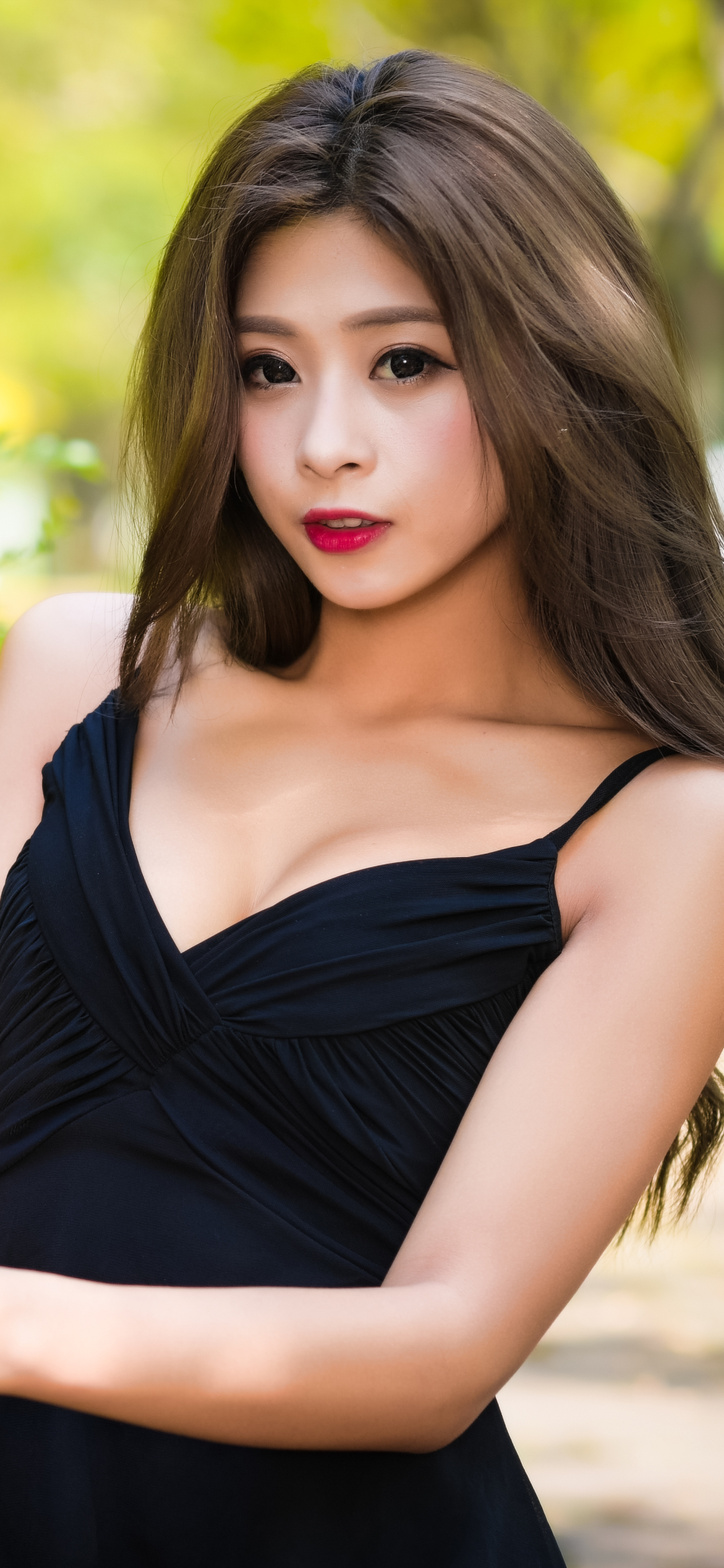 Download mobile wallpaper Brunette, Model, Women, Asian, Brown Eyes, Black Dress, Lipstick for free.