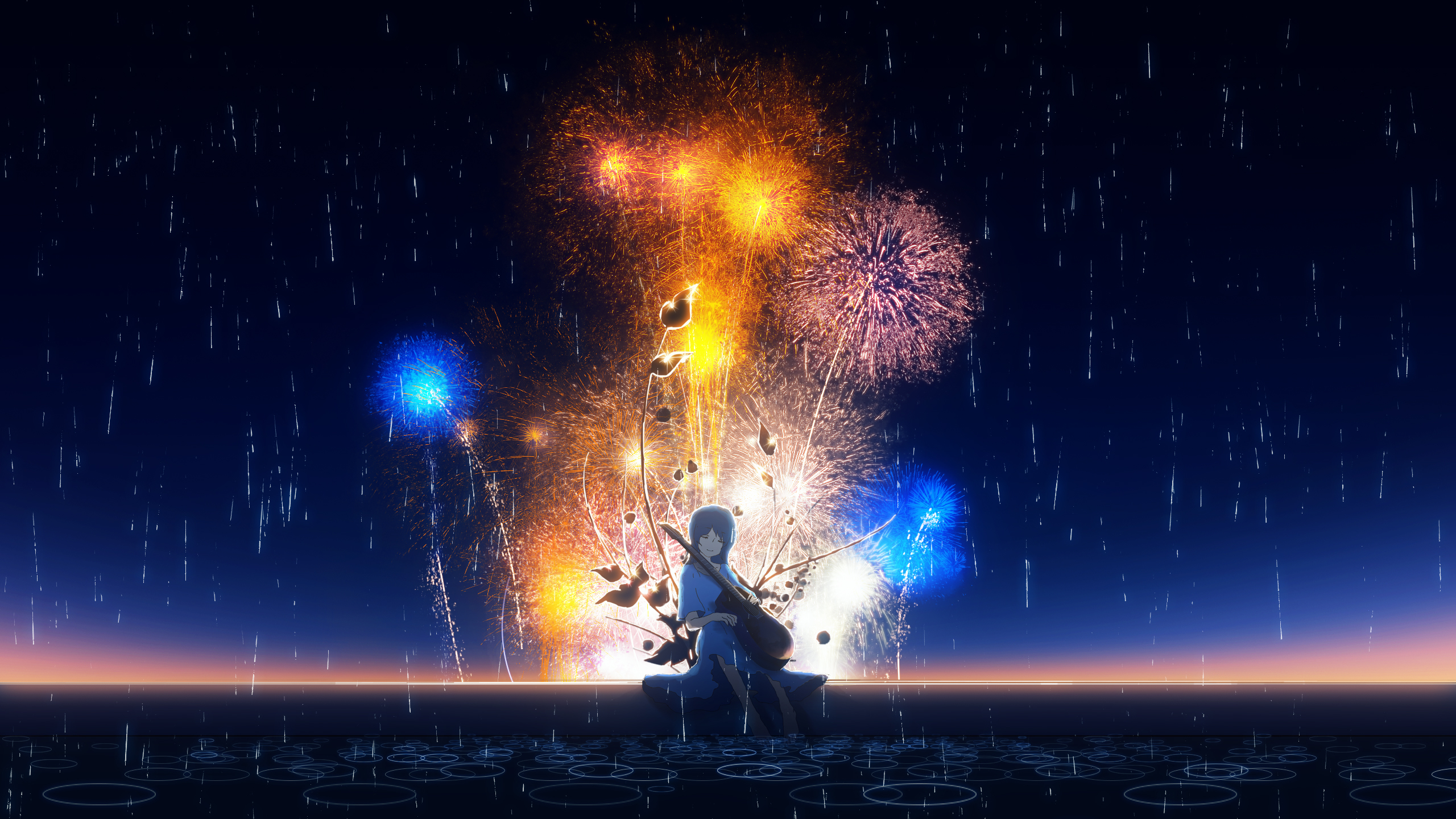 Download mobile wallpaper Anime, Rain, Fireworks, Original for free.