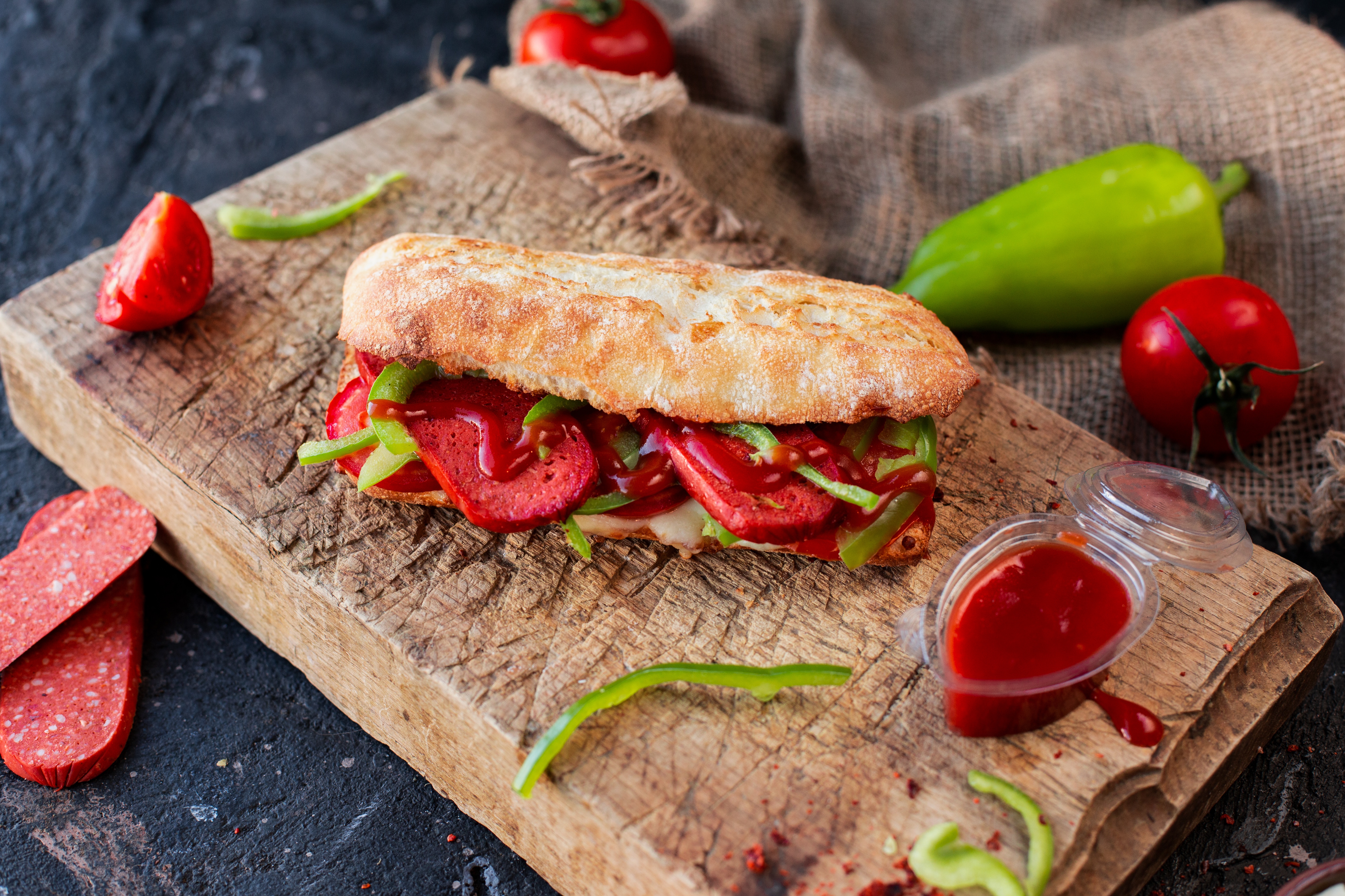 Download mobile wallpaper Food, Pepper, Still Life, Bread, Tomato, Sandwich, Sausage, Ketchup for free.
