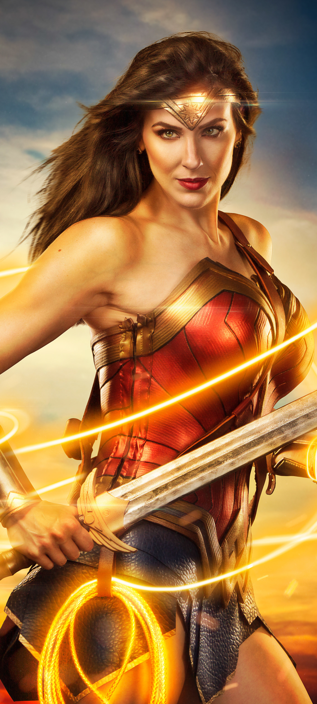 Download mobile wallpaper Brunette, Women, Sword, Dc Comics, Lipstick, Wonder Woman, Cosplay for free.