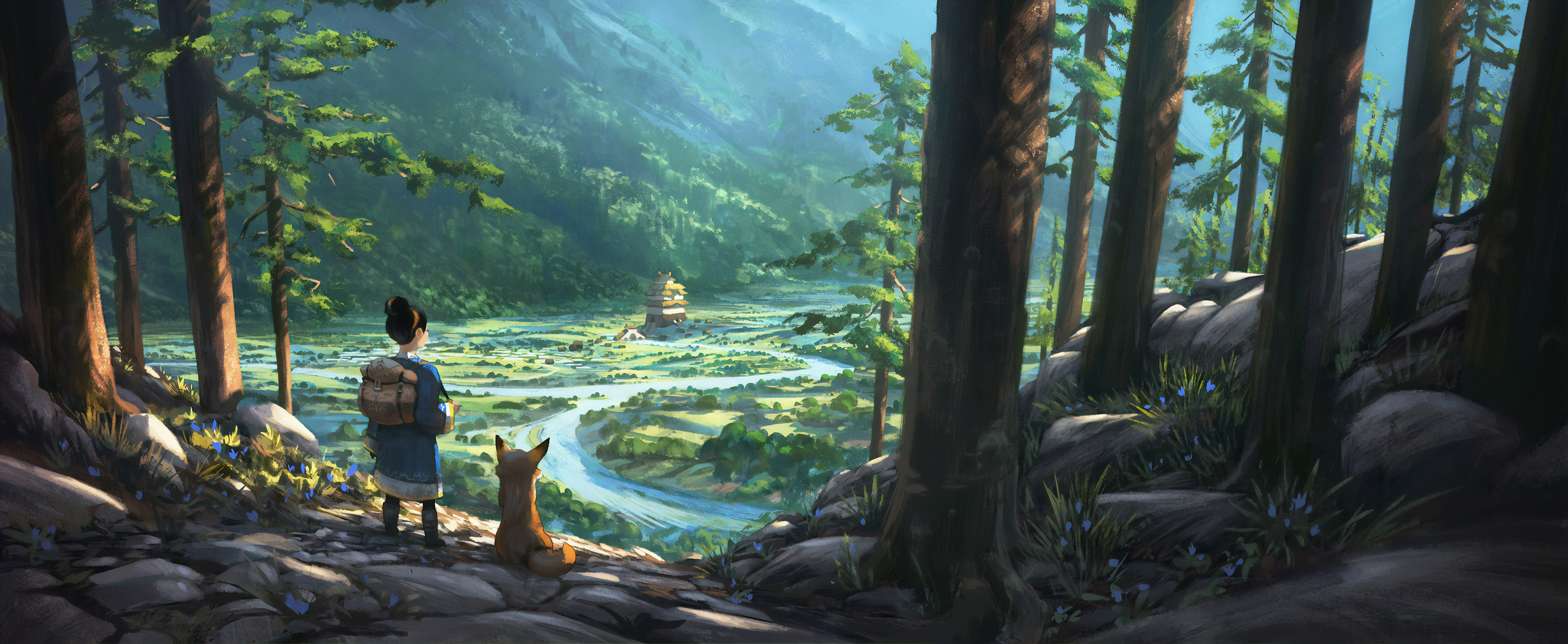 Download mobile wallpaper Landscape, Fantasy, Fox, Forest for free.