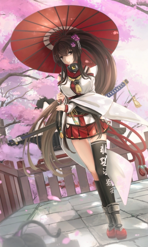 Download mobile wallpaper Anime, Cat, Umbrella, Sword, Long Hair, Brown Hair, Sakura Blossom, Kantai Collection for free.