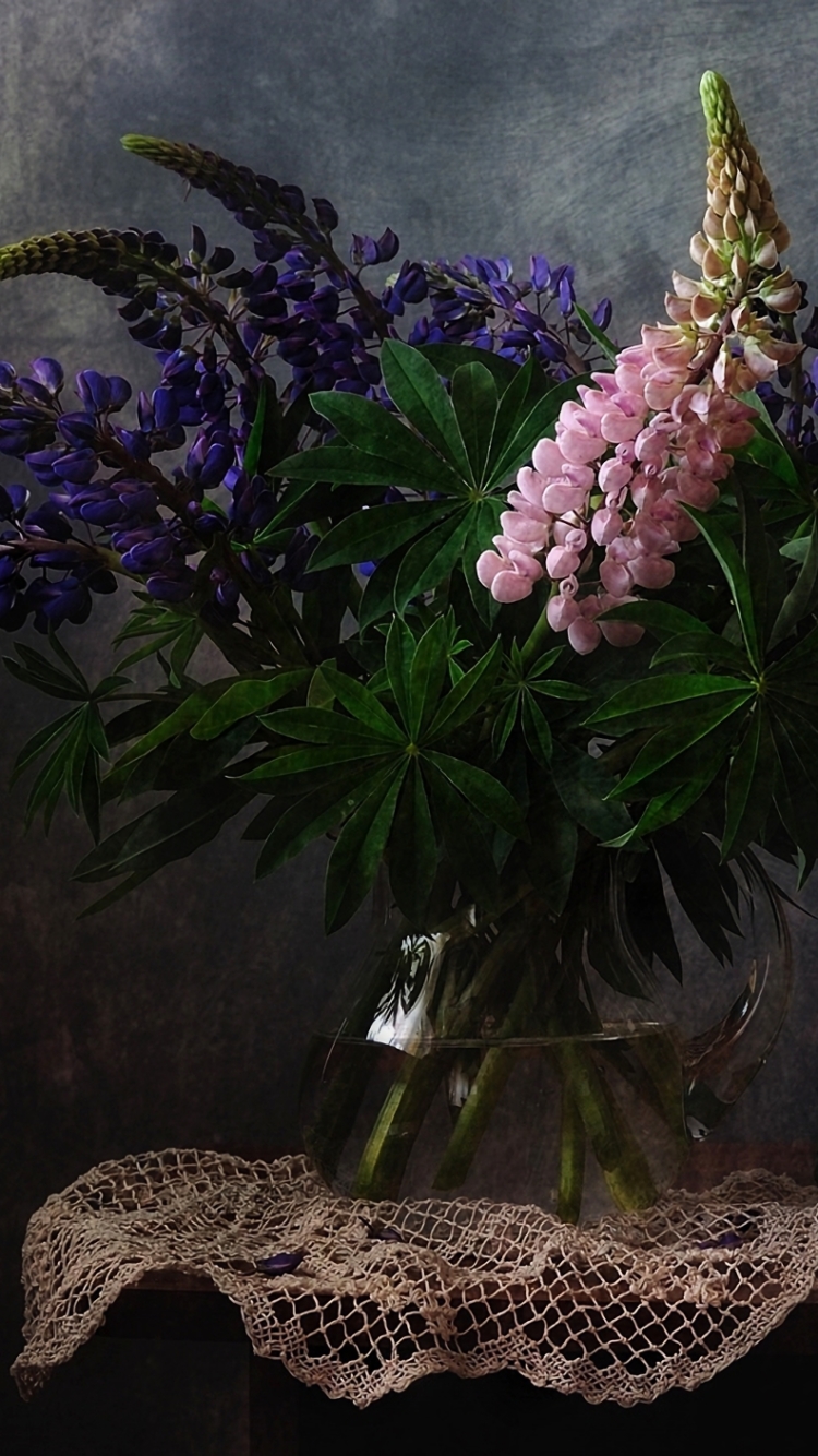 Download mobile wallpaper Still Life, Flower, Colors, Vase, Book, Photography, Lupine, Purple Flower, Pink Flower for free.