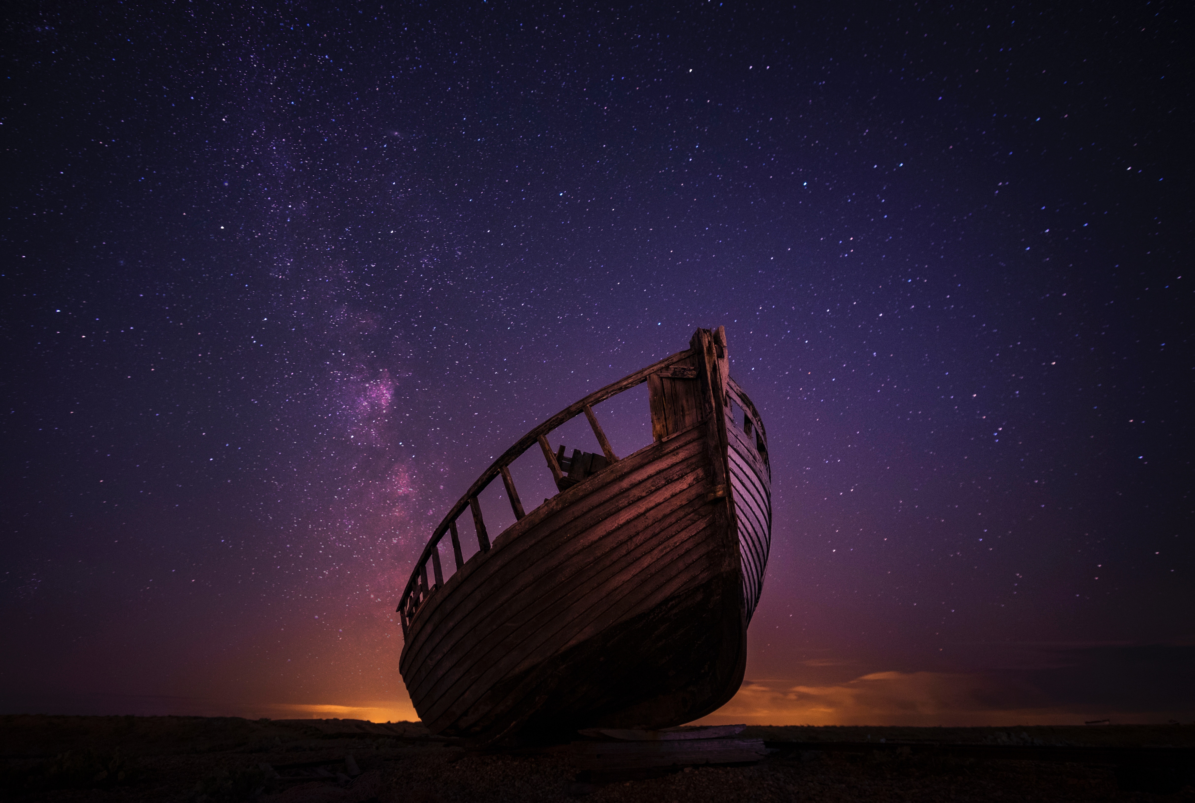 boat, nature, night, starry sky