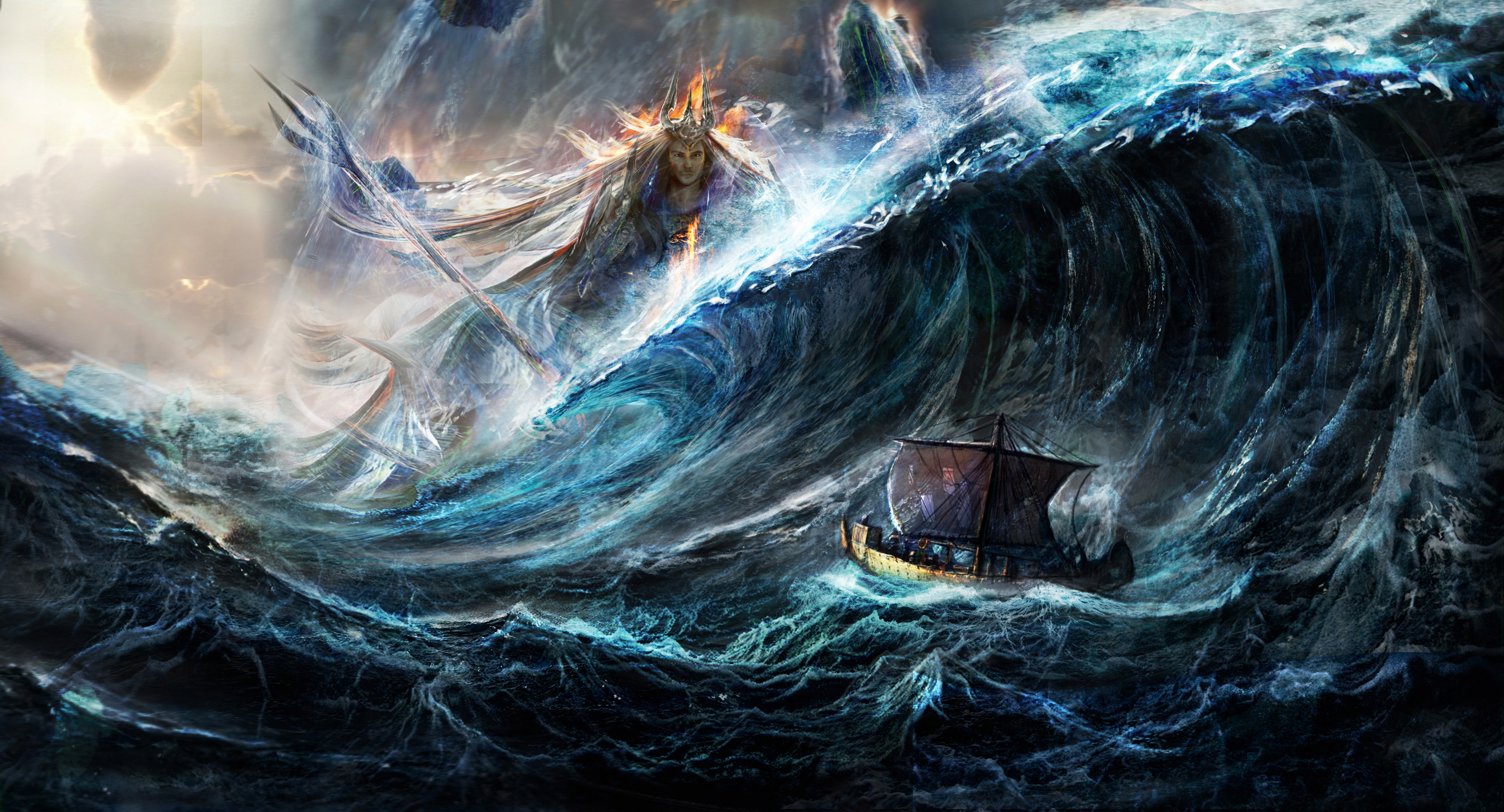 1530179 завантажити картинку фантазія, посейдон, човен, божество, океан, хвиля - шпалери і заставки безкоштовно