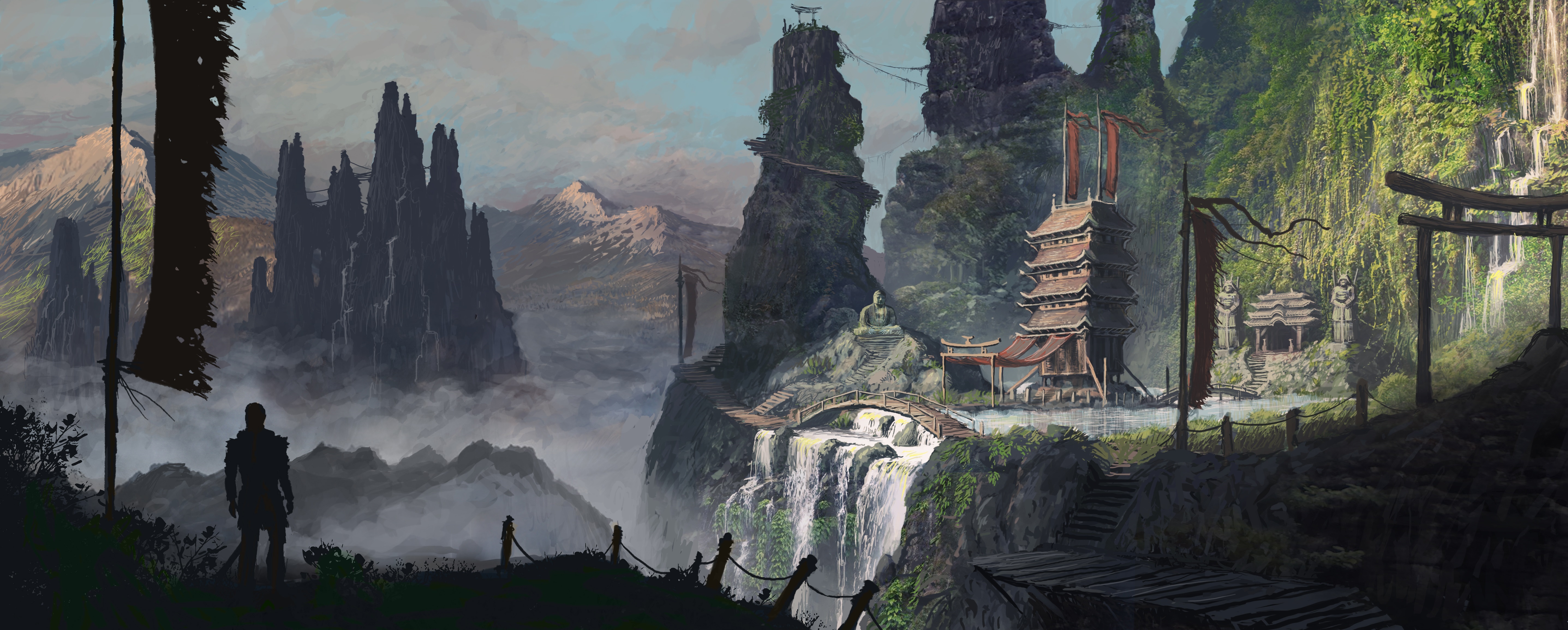 Free download wallpaper Landscape, Fantasy, Mountain, Waterfall, Oriental on your PC desktop