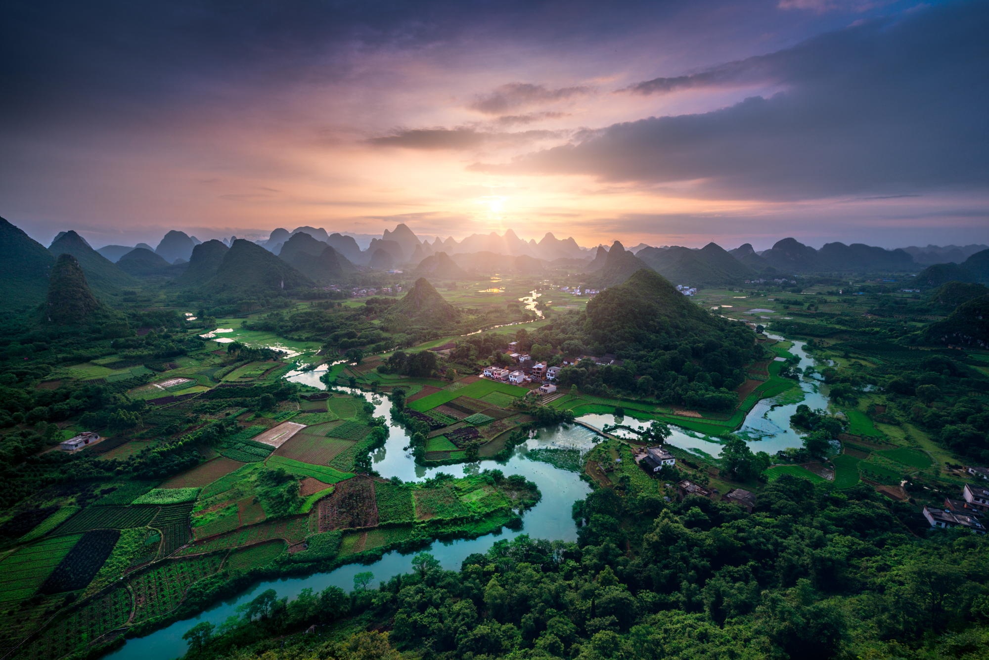 Free download wallpaper Landscape, Nature, Mountain, Sunrise, Field, Cloud, China, River, Photography on your PC desktop