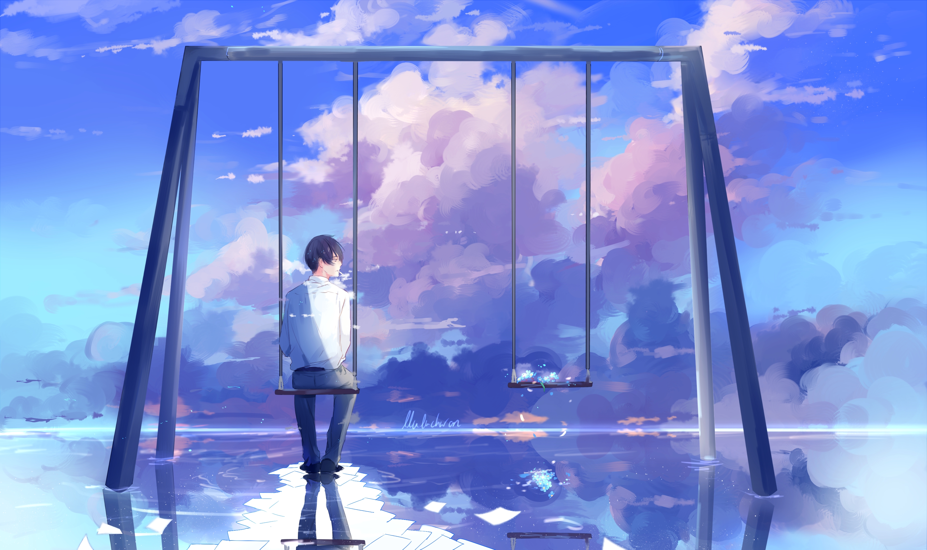 original, anime, cloud, reflection, scenic, swing